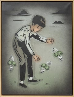 "THE DREAM CATCHER", Stencil Painting of Boy Chasing Winged Dollar Bills