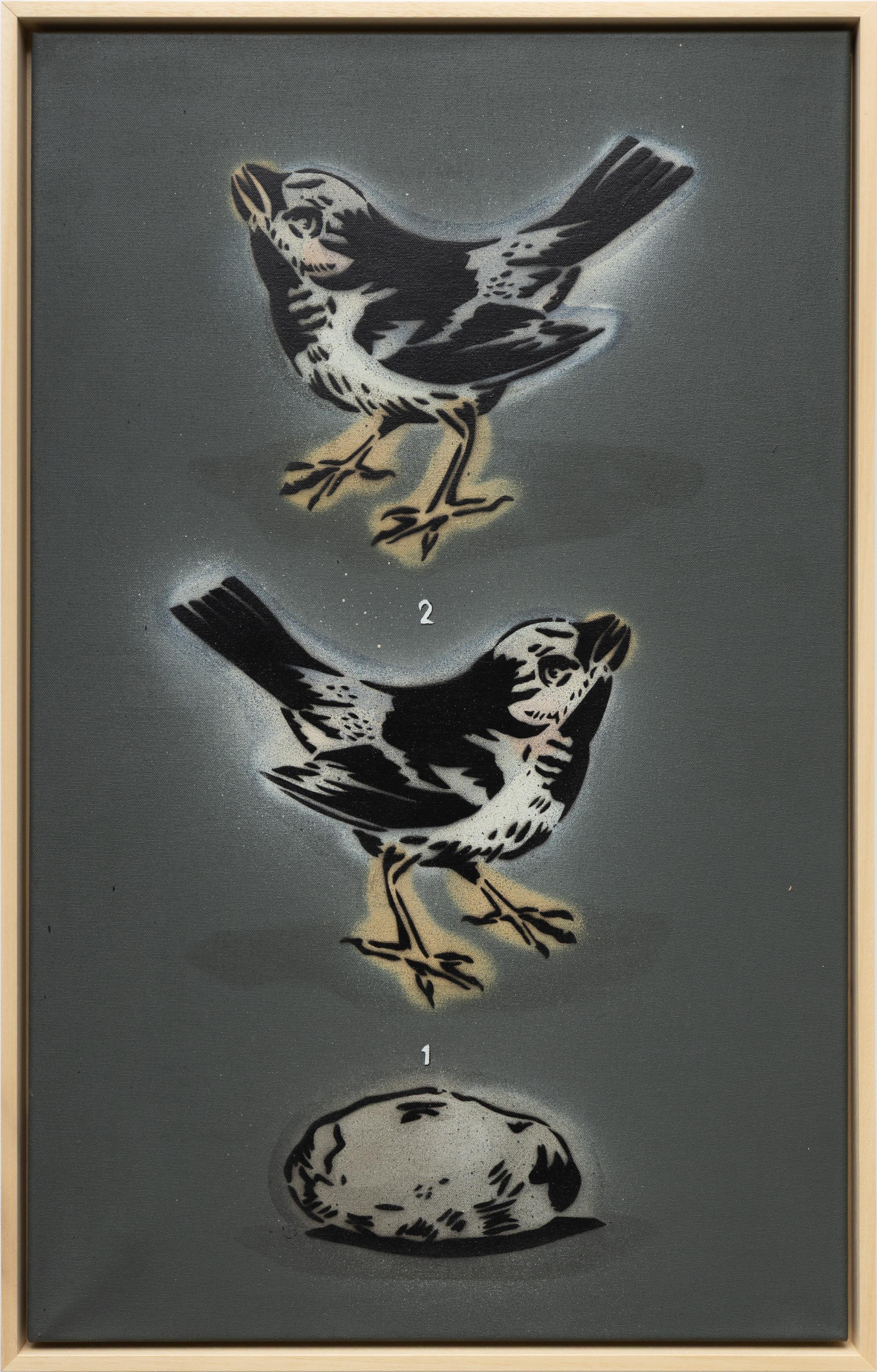 « Two Birds V2 », peinture contemporaine réalisée à l'aide d'un pochoir découpé à la main représentant deux oiseaux