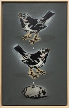 "Two Birds V2", Contemporary Hand-Cut Stencil Painting of Two Birds