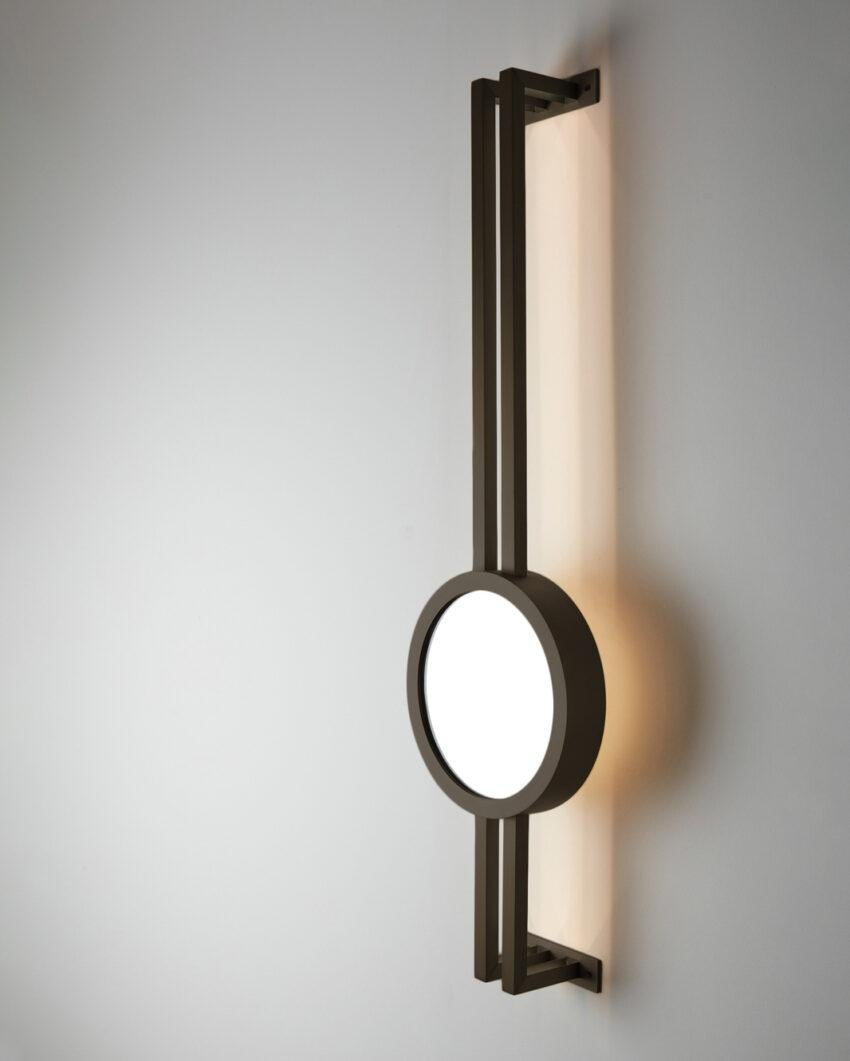 Mandolin Blackened Brass Wall Mounted Lamp by Carla Baz
Dimensions: D 13 X W 29 x H 110 cm.
Materials: Blackened brass.
Weight: 6 kg.

Available in different finishes and materials: blackened metal, brushed brass, brushed bronze, brushed copper and