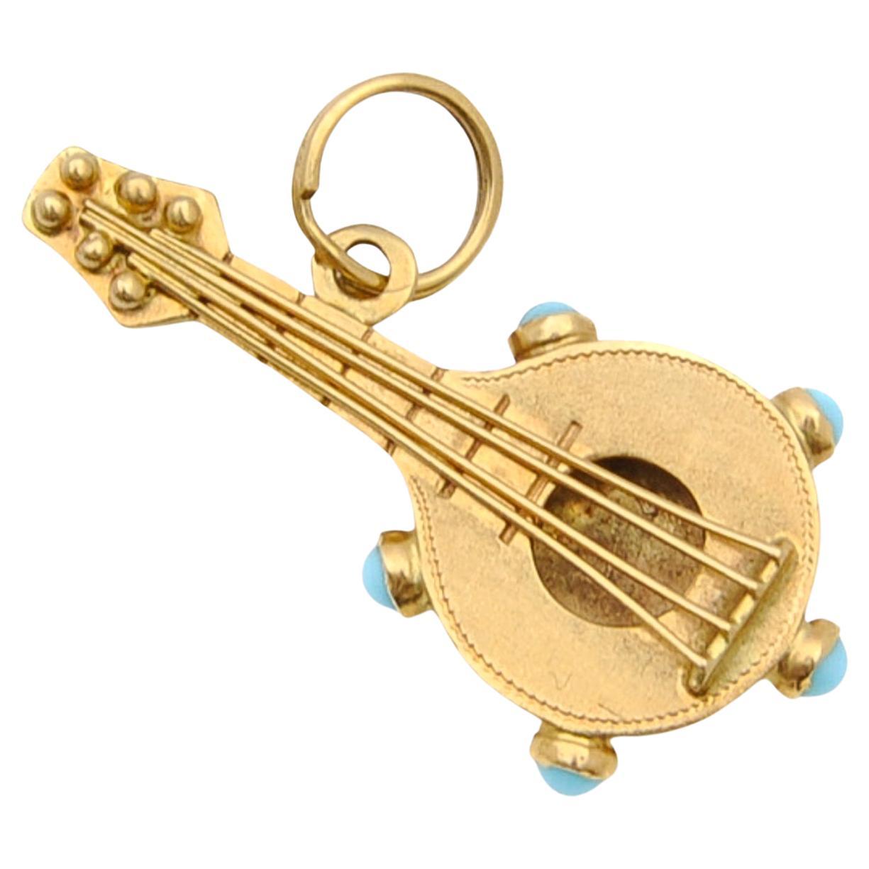 Vintage Mandoline Guitar Turquoise and 18K Gold Charm Pendant For Sale
