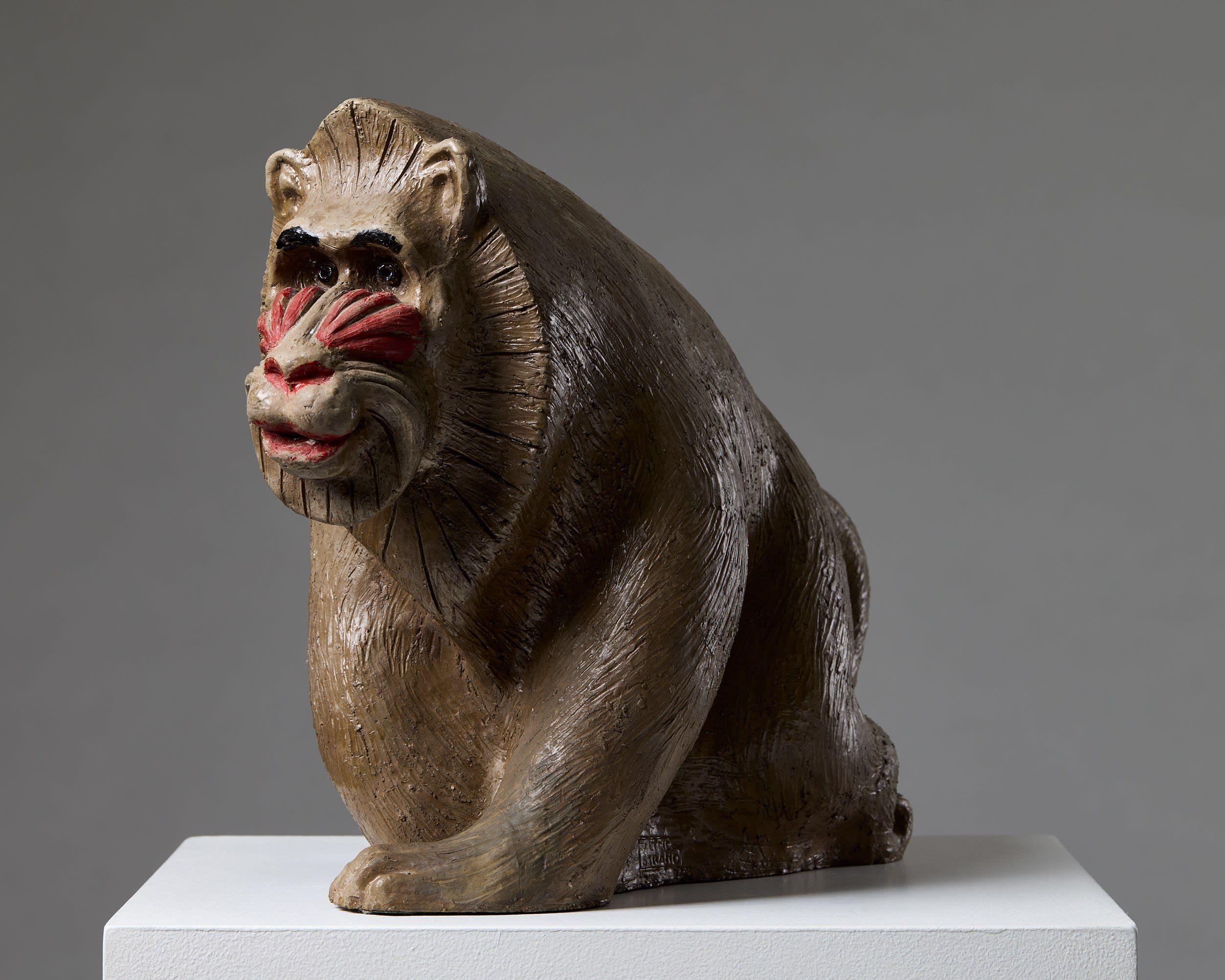 Escultura de mandril diseñada por Vicke Lindstrand para Uppsala Ekeby Suecia, década de 1940 en Bueno estado para la venta en Stockholm, SE