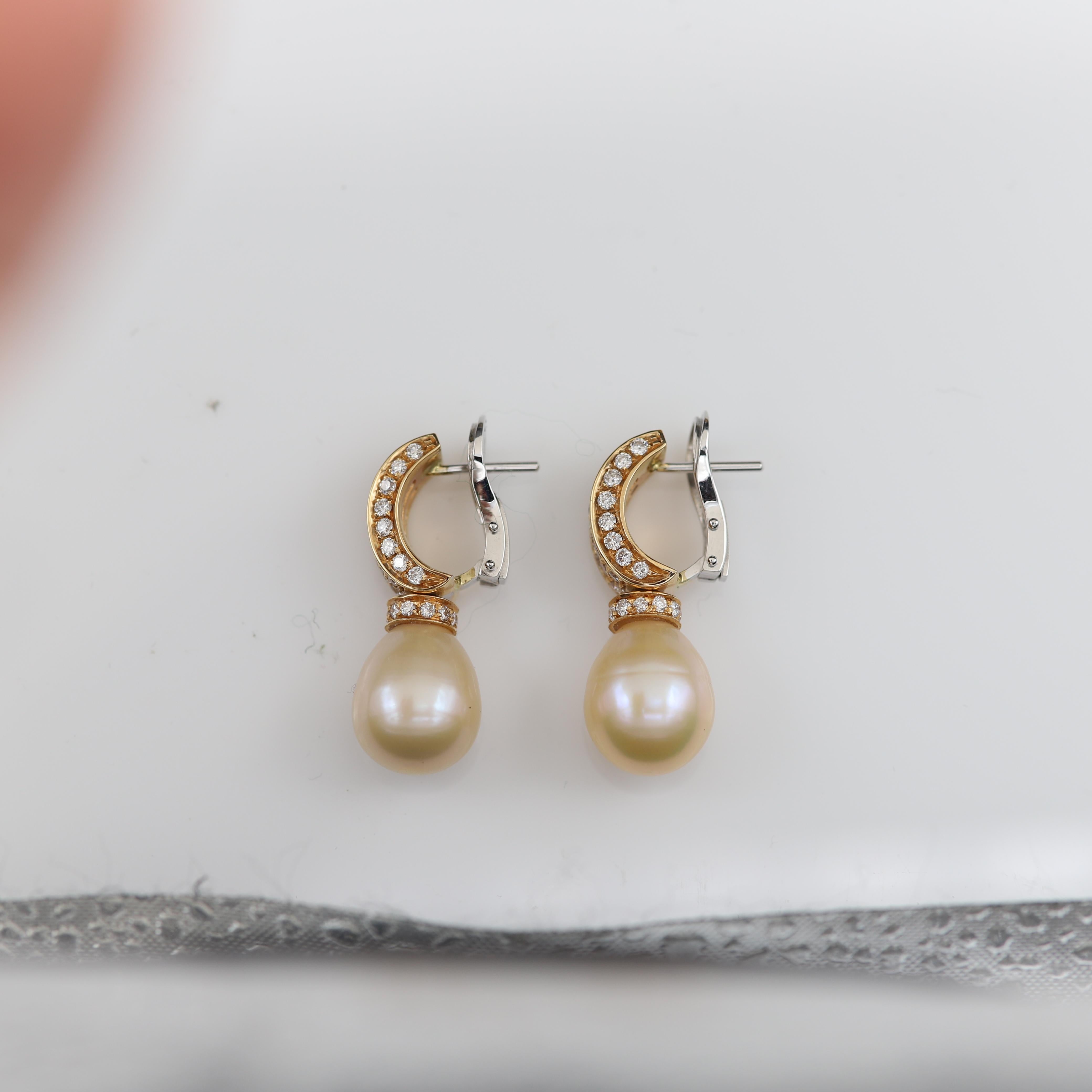 Mandrin Golden Pearls
18k Rose Gold & White Gold 17.40 grams
Diamonds 1.70 carat G-VS
Pearl size approx 12mm width
overall hight approx 30 mm
Back Lock - Omega Style 
(the Rose Gold tone color is a little bit towards the yellow tone)