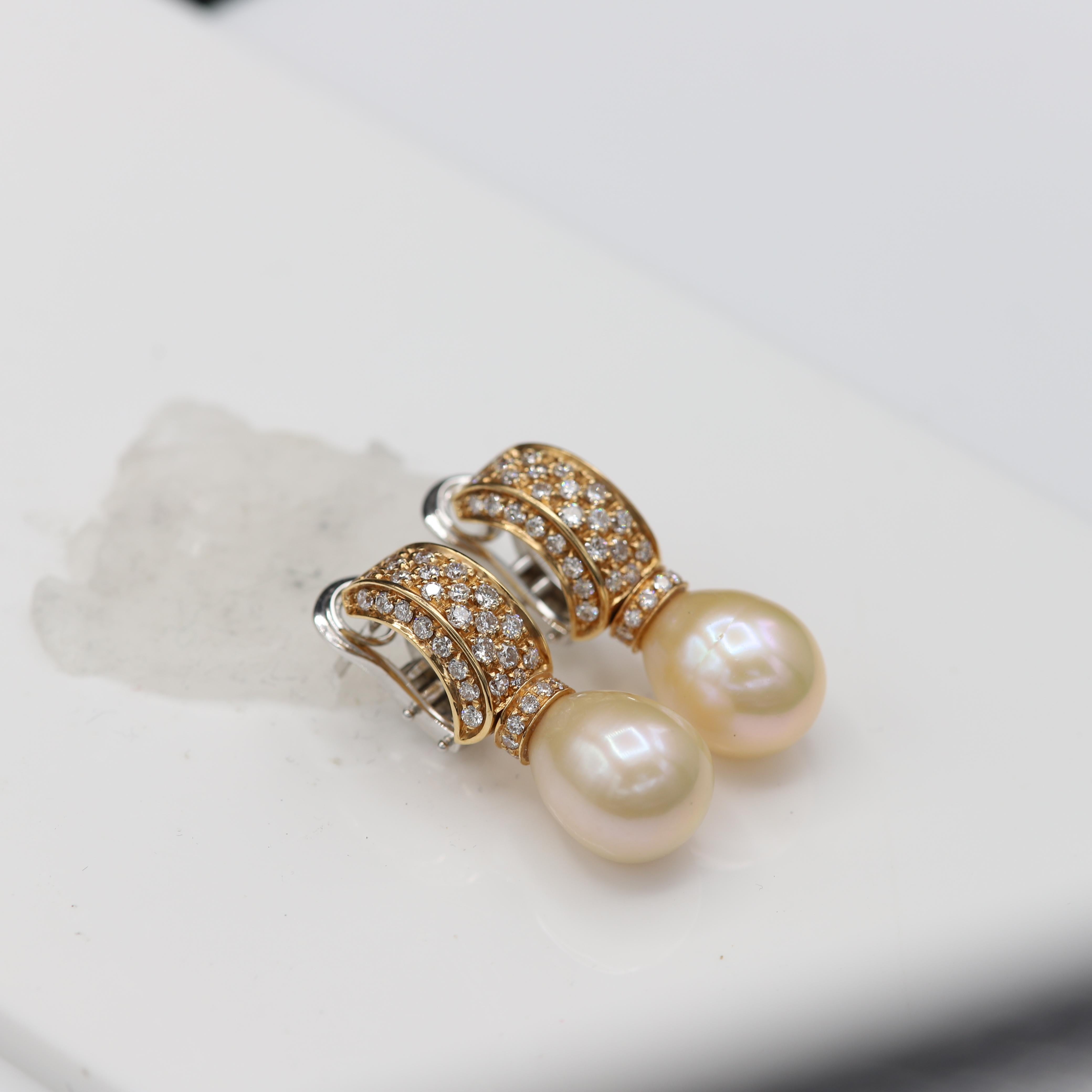 Round Cut Mandrin Golden Pearl Dangling Earrings 18 Karat Rose & White Gold Drop Earrings For Sale