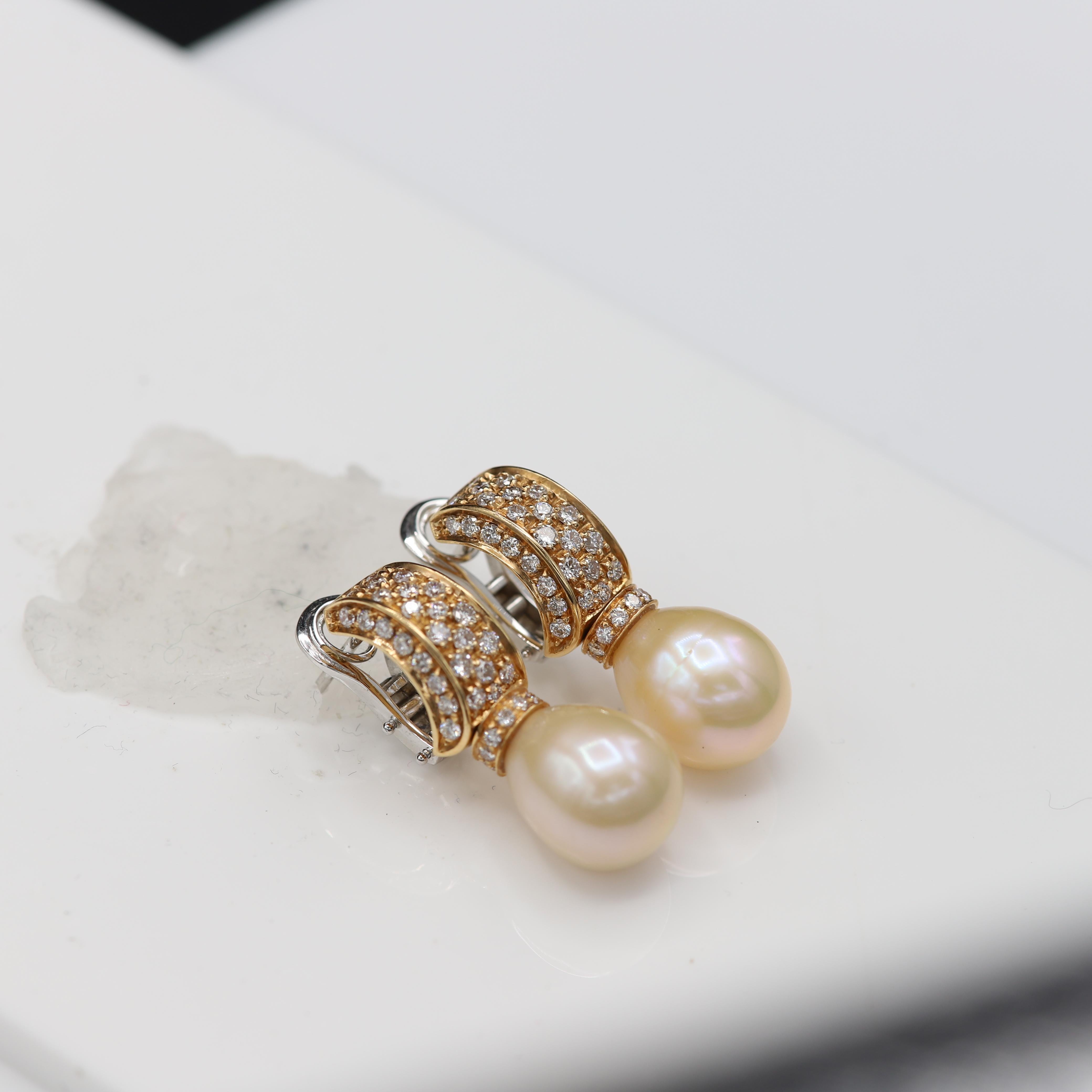 Mandrin Golden Pearl Dangling Earrings 18 Karat Rose & White Gold Drop Earrings In New Condition For Sale In Brooklyn, NY