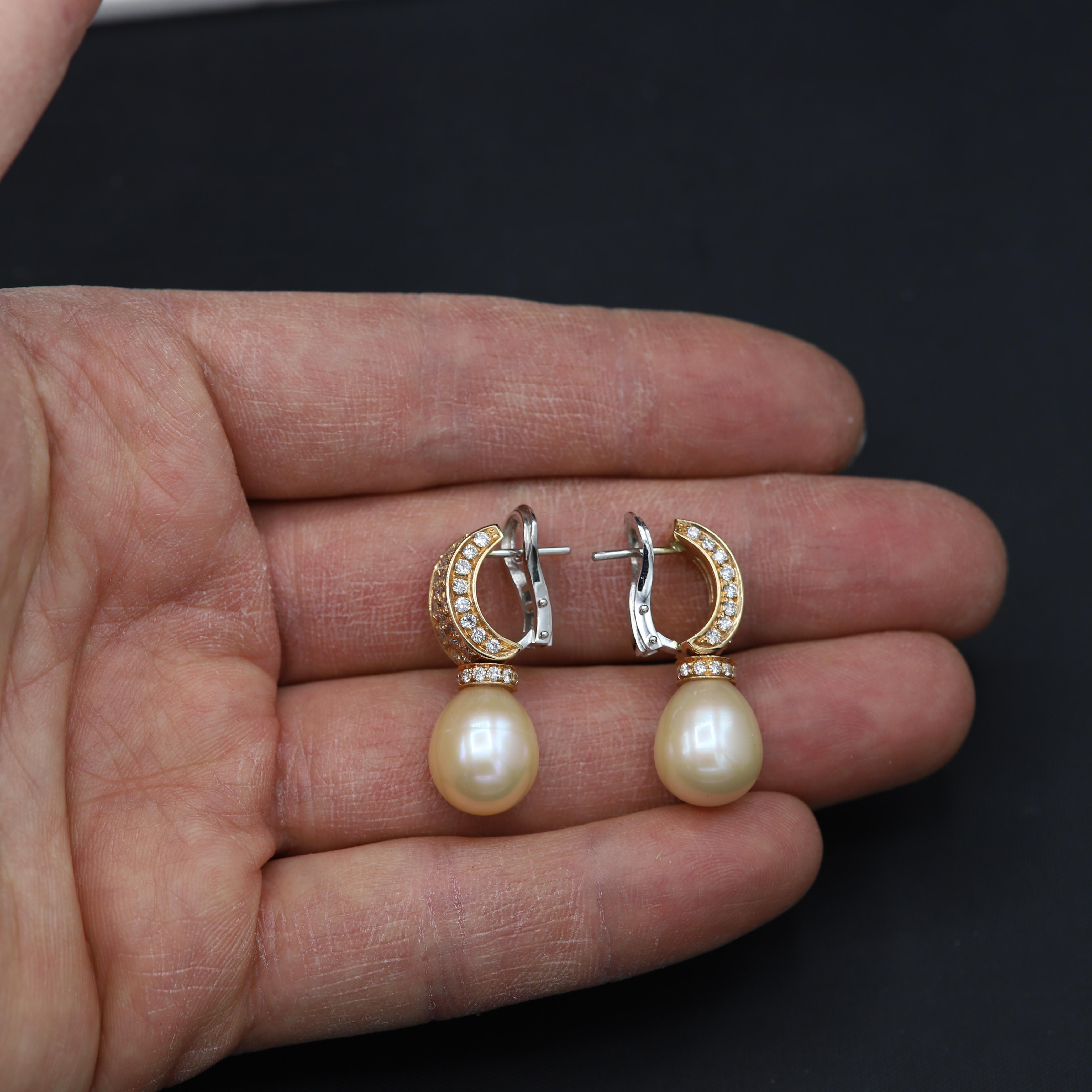 Women's Mandrin Golden Pearl Dangling Earrings 18 Karat Rose & White Gold Drop Earrings For Sale