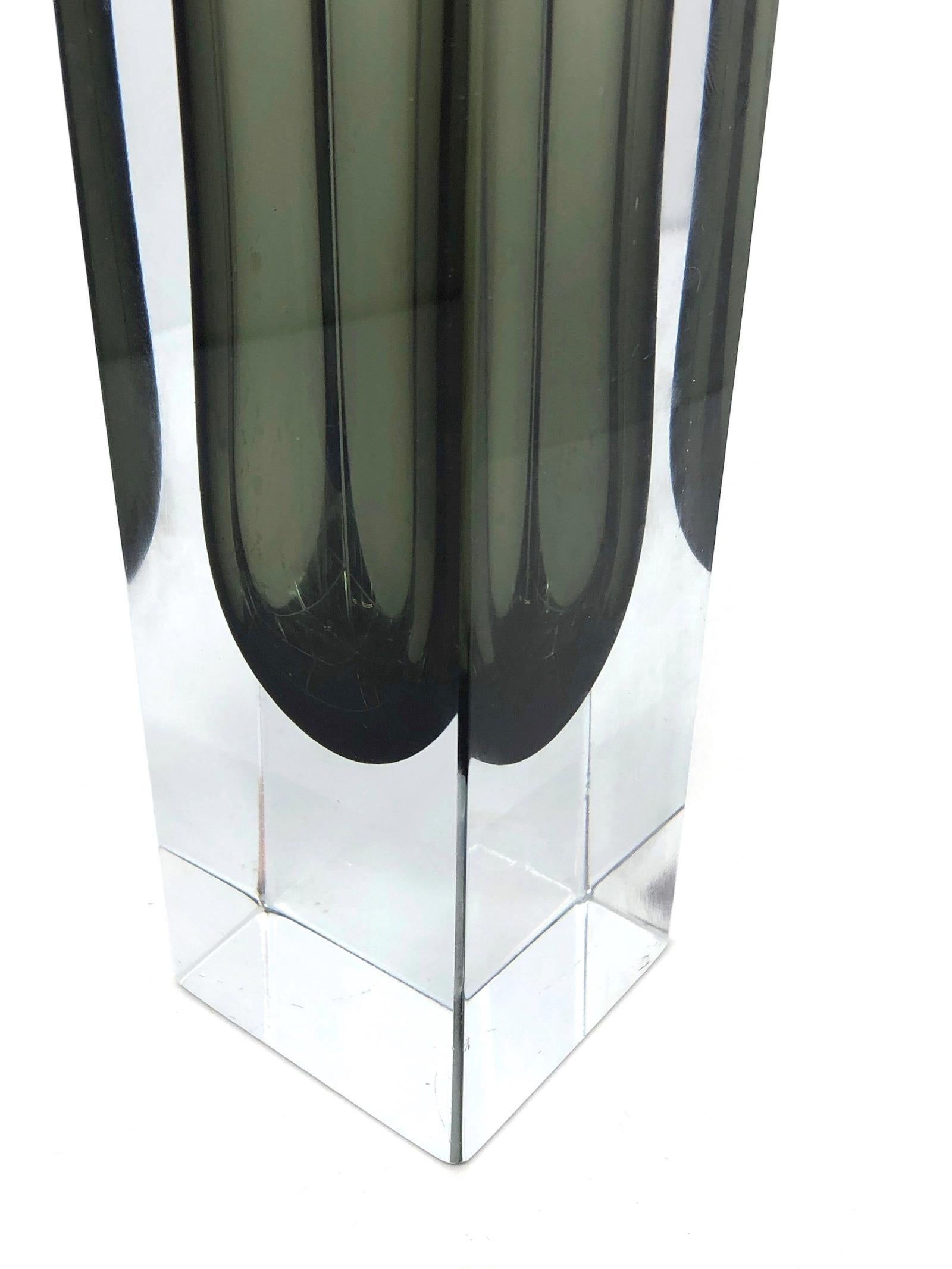 Mid-Century Modern Mandruzzato Black and Clear Murano Glass Sommerso Block Vase