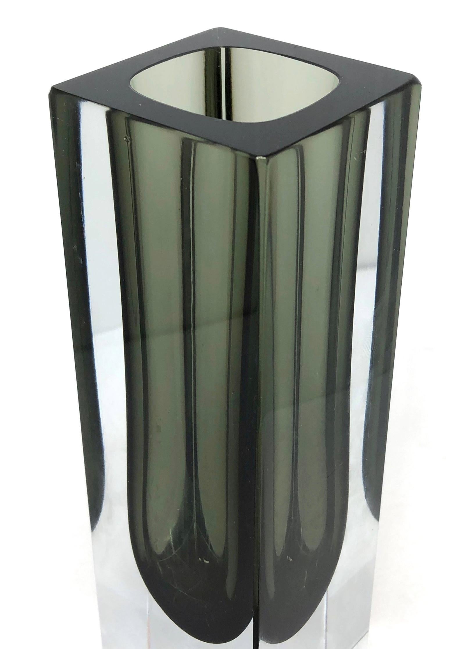 Italian Mandruzzato Black and Clear Murano Glass Sommerso Block Vase