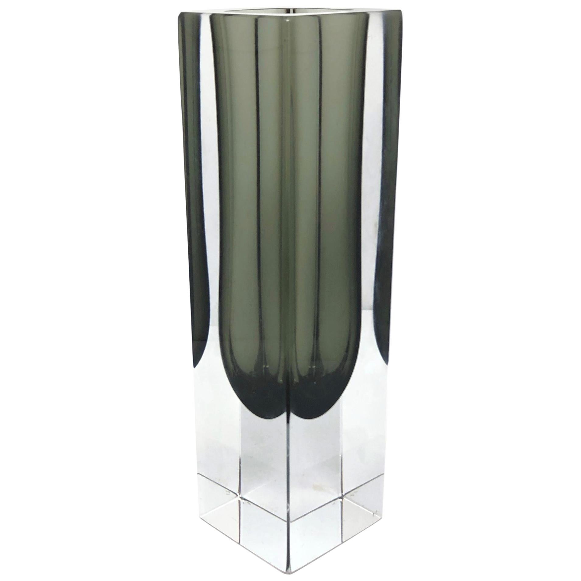 Mandruzzato Black and Clear Murano Glass Sommerso Block Vase