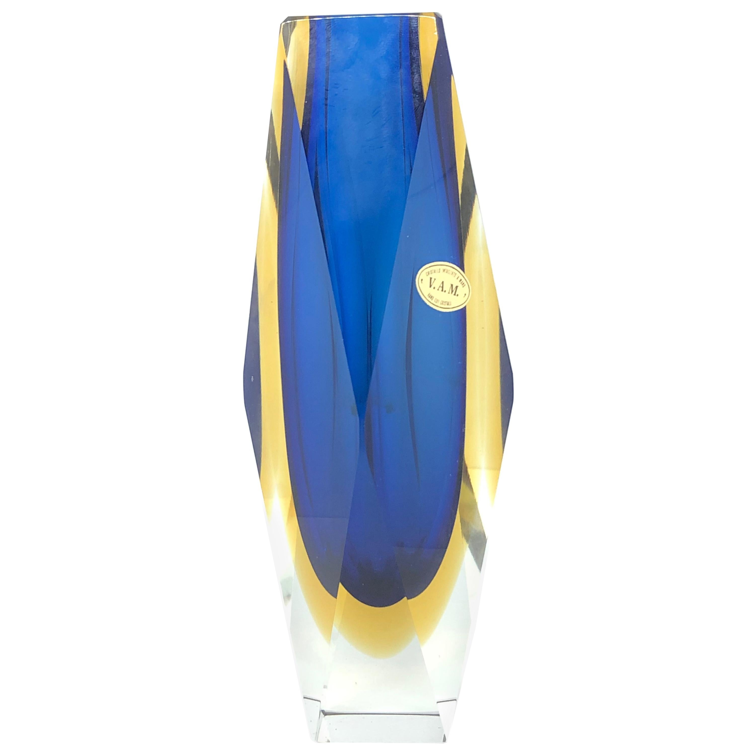Mandruzzato Blue Yellow Faceted Murano Glass Sommerso Vase, Italy, 1960s