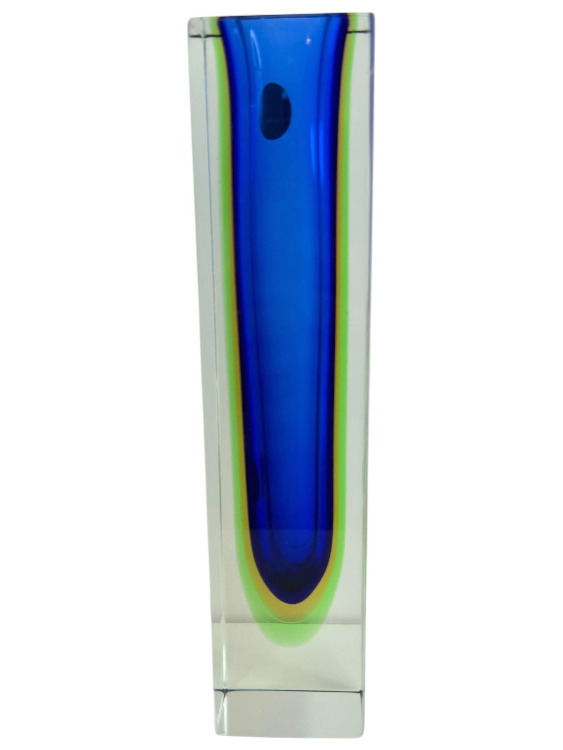 Mandruzzato Blue, Yellow, Green and Clear Murano Glass Sommerso Block Vase 3