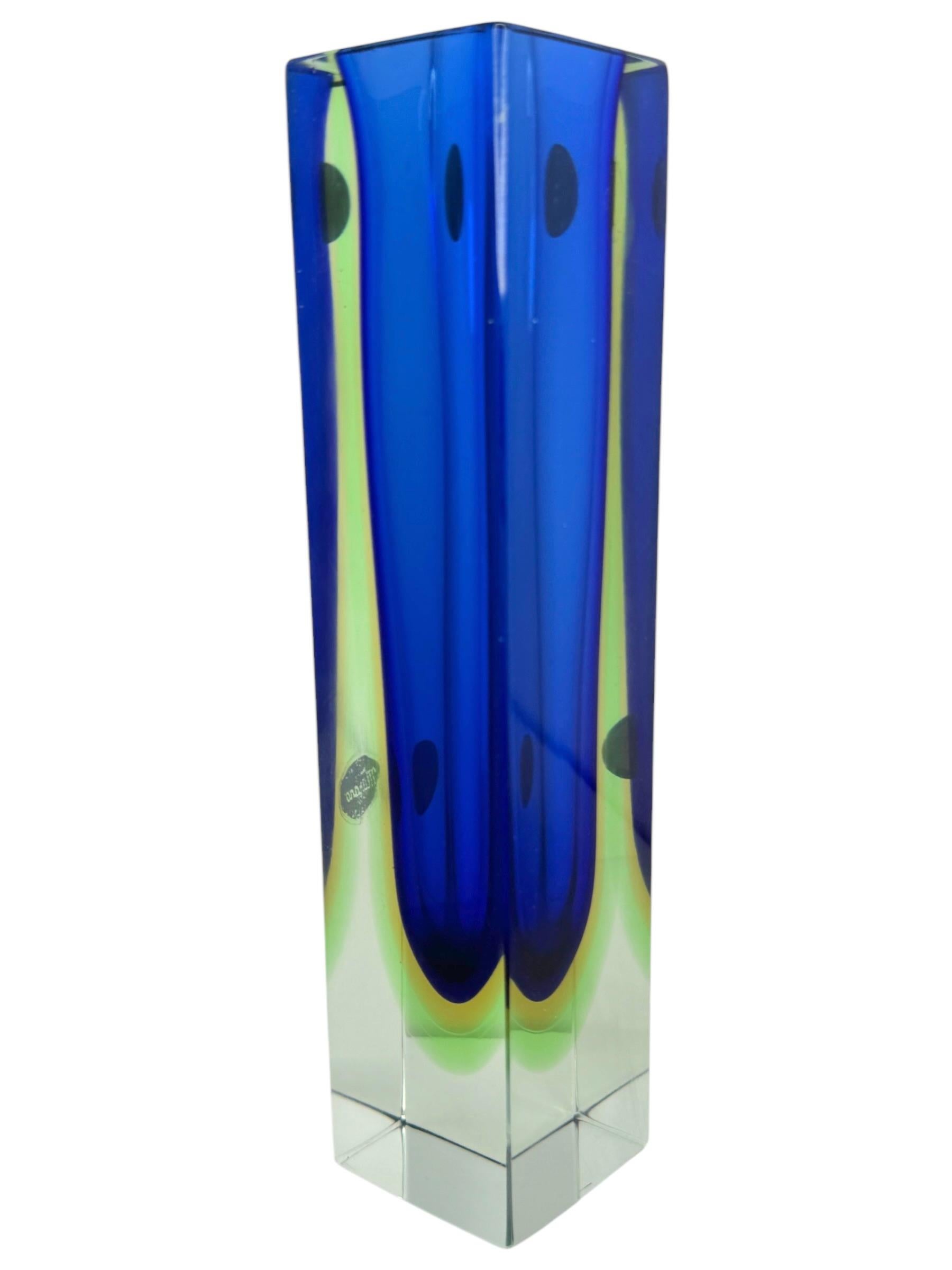 Mandruzzato Blue, Yellow, Green and Clear Murano Glass Sommerso Block Vase 4