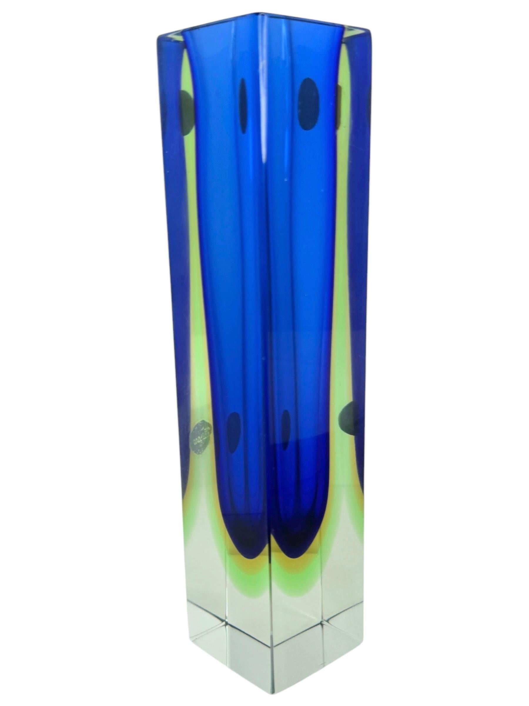 Mid-Century Modern Mandruzzato Blue, Yellow, Green and Clear Murano Glass Sommerso Block Vase