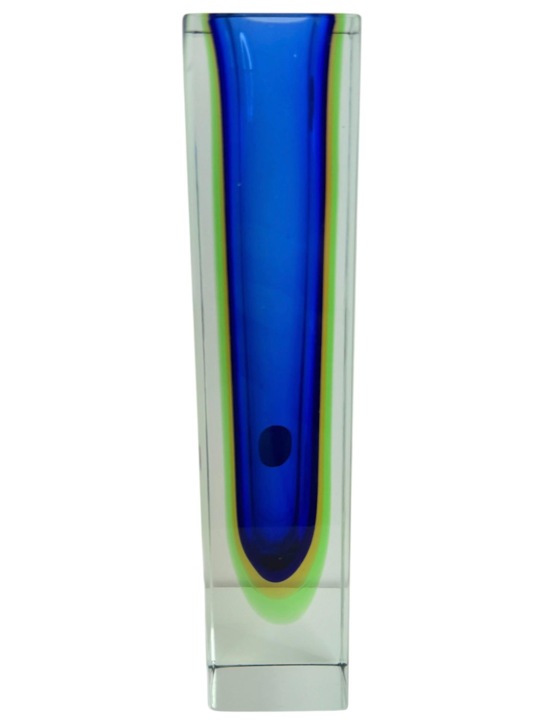 Italian Mandruzzato Blue, Yellow, Green and Clear Murano Glass Sommerso Block Vase