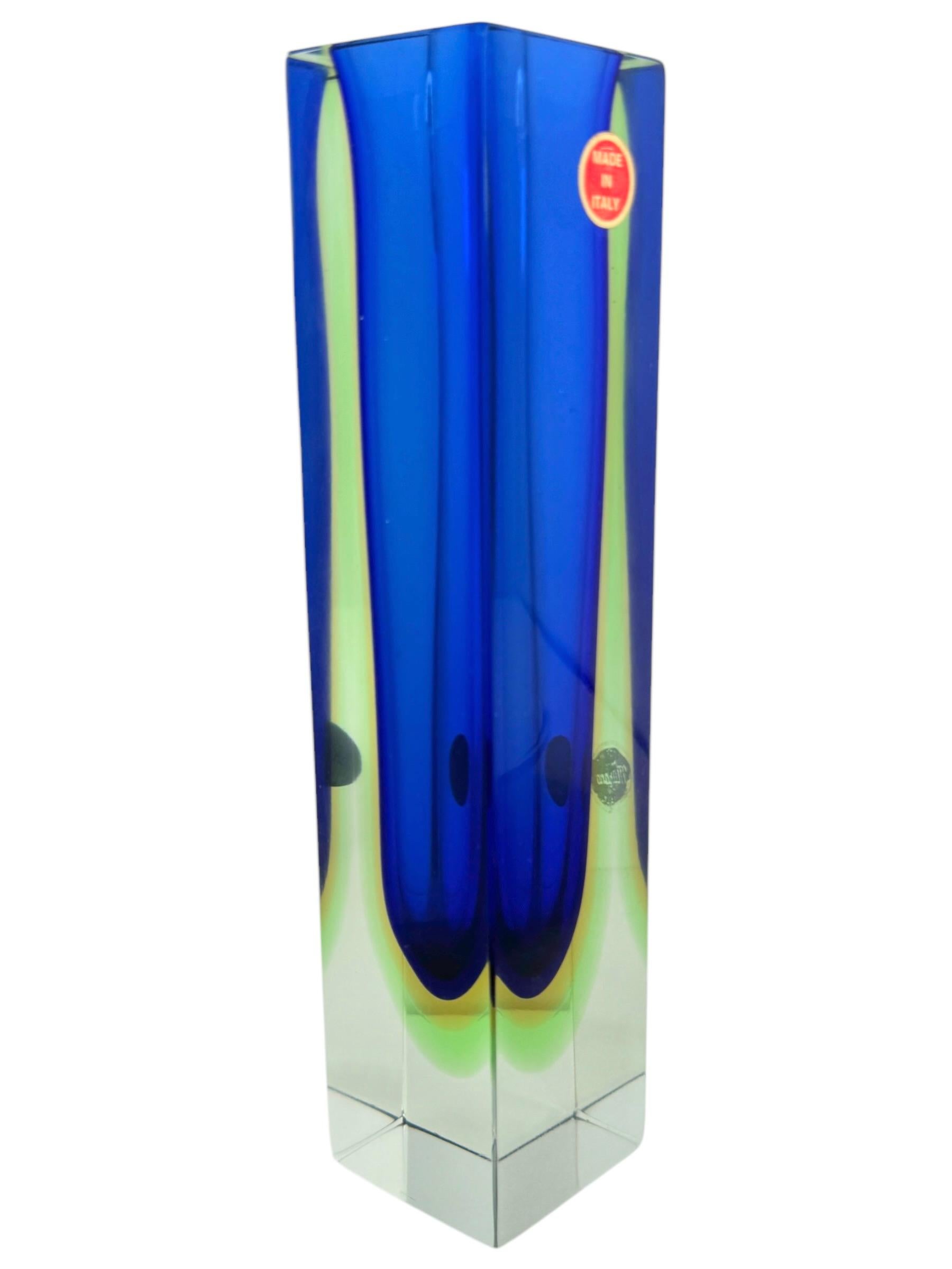 Mandruzzato Blue, Yellow, Green and Clear Murano Glass Sommerso Block Vase In Good Condition In Nuernberg, DE