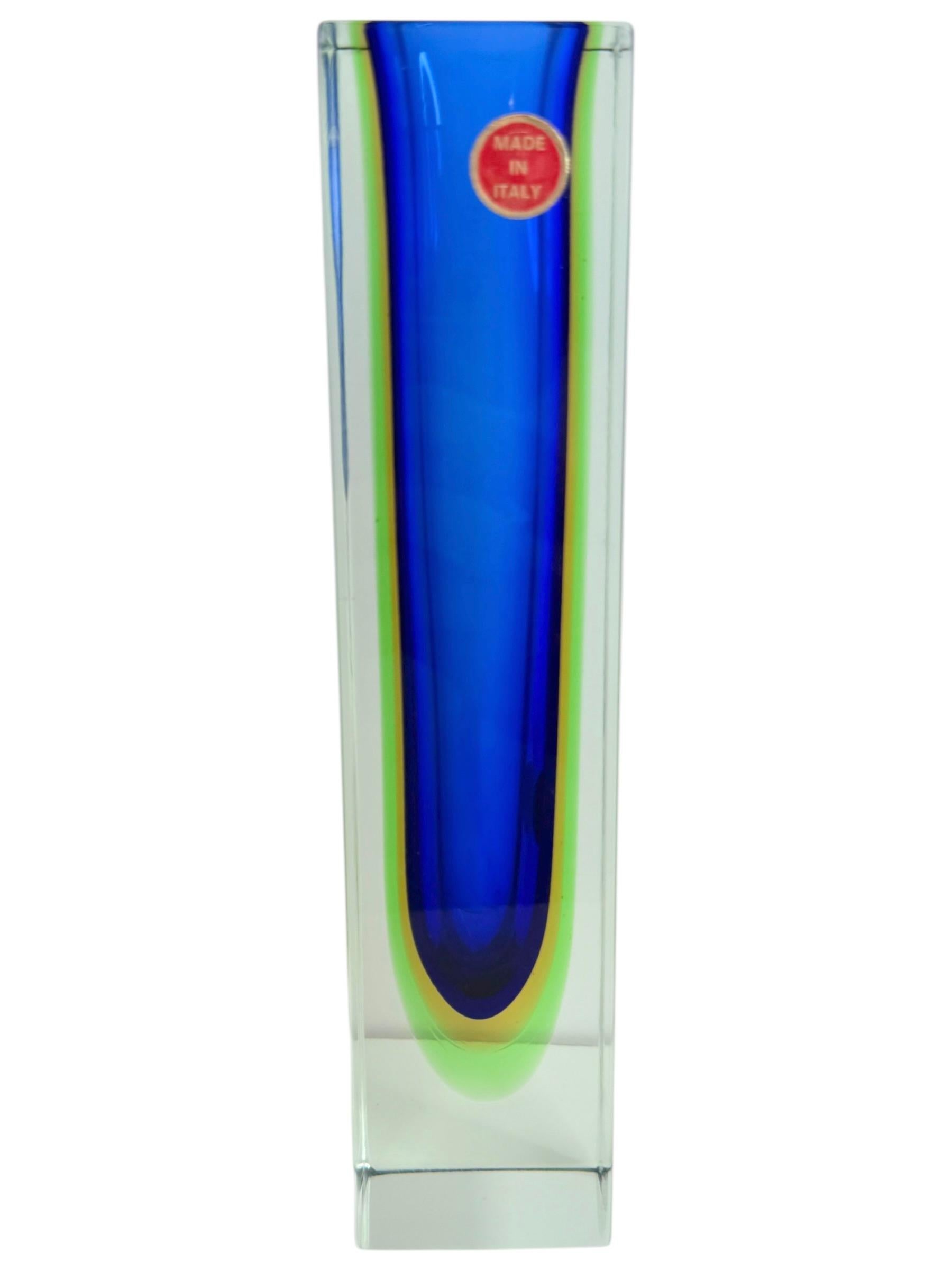 Mid-20th Century Mandruzzato Blue, Yellow, Green and Clear Murano Glass Sommerso Block Vase