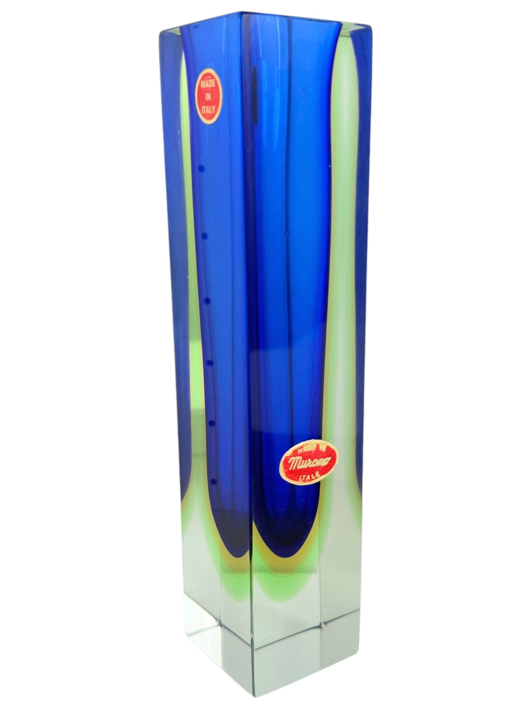 Art Glass Mandruzzato Blue, Yellow, Green and Clear Murano Glass Sommerso Block Vase