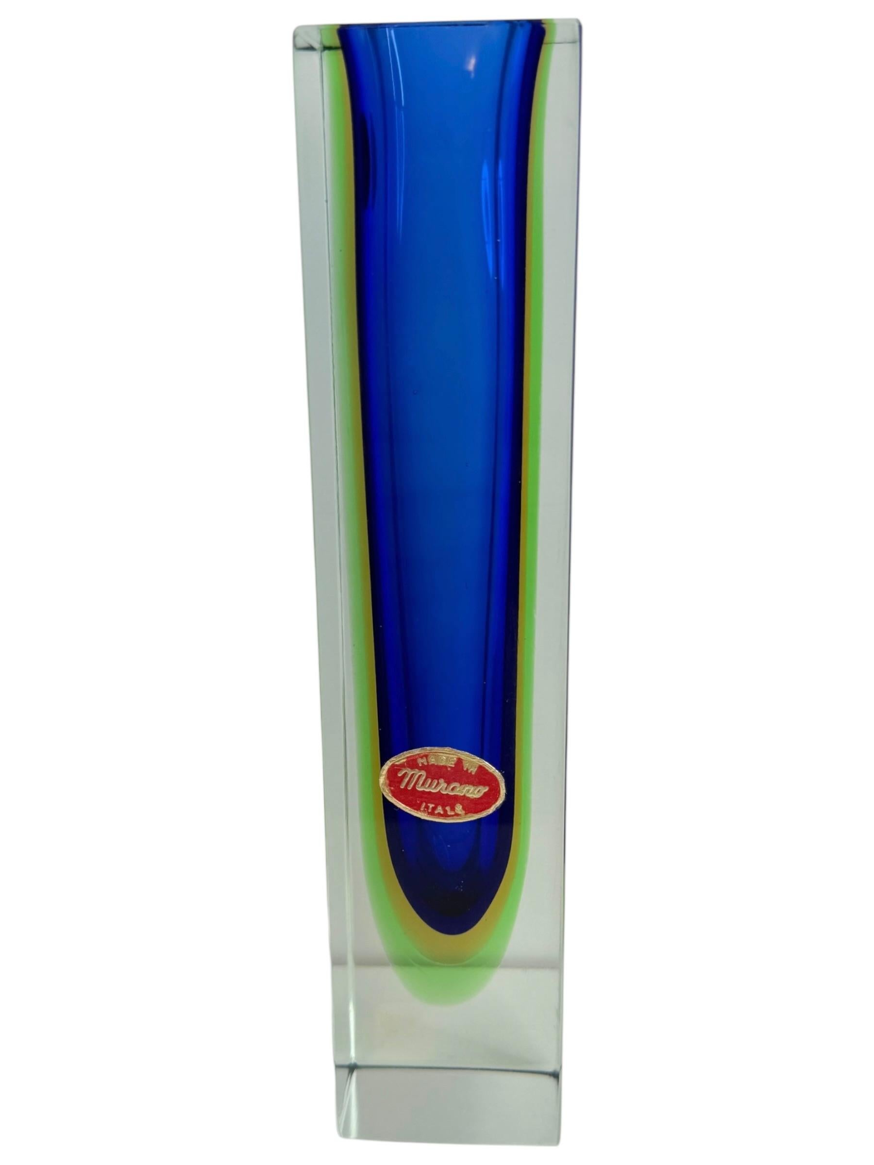 Mandruzzato Blue, Yellow, Green and Clear Murano Glass Sommerso Block Vase 1
