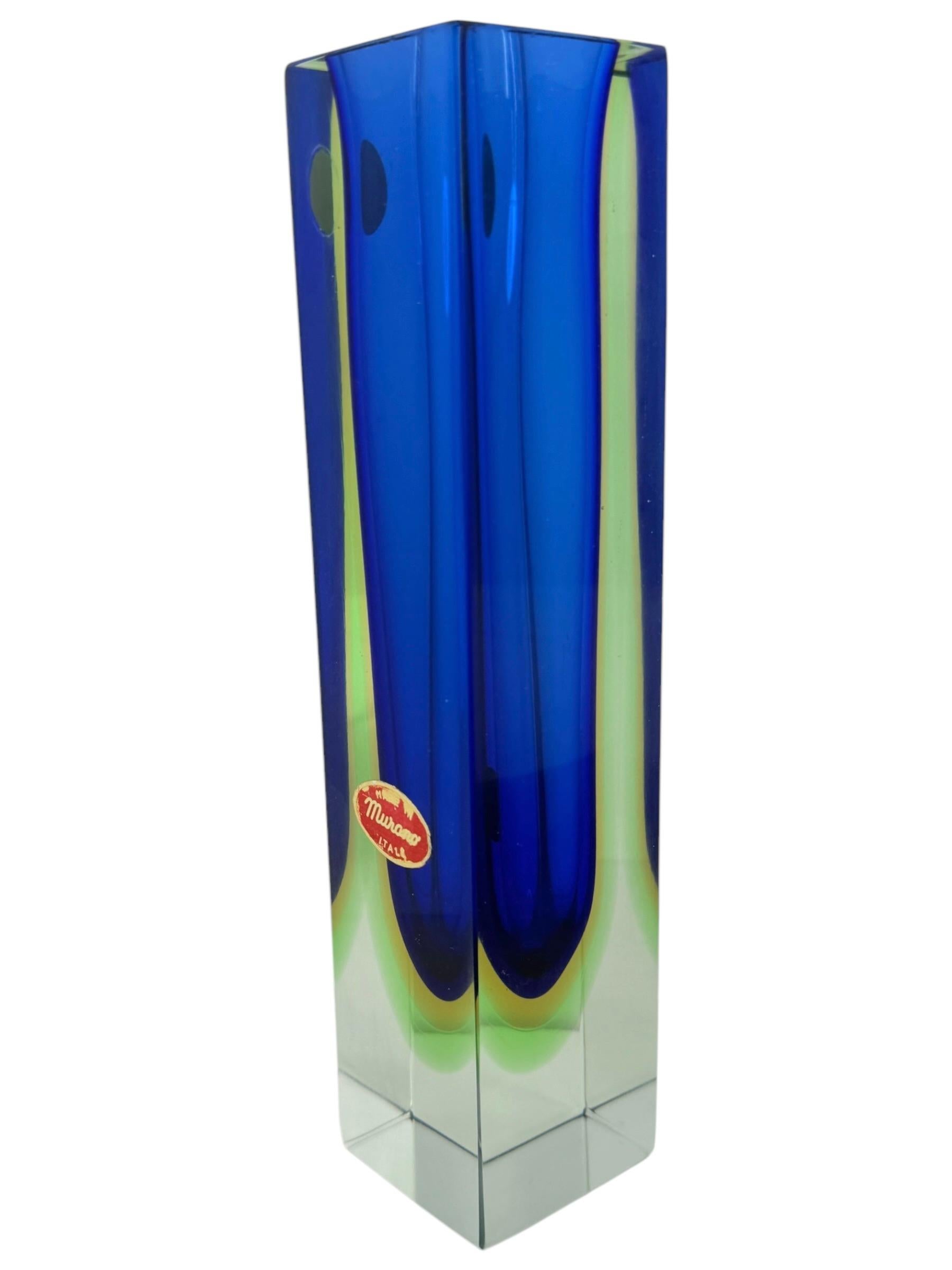Mandruzzato Blue, Yellow, Green and Clear Murano Glass Sommerso Block Vase 2