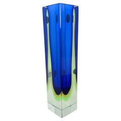 Mandruzzato Blue, Yellow, Green and Clear Murano Glass Sommerso Block Vase