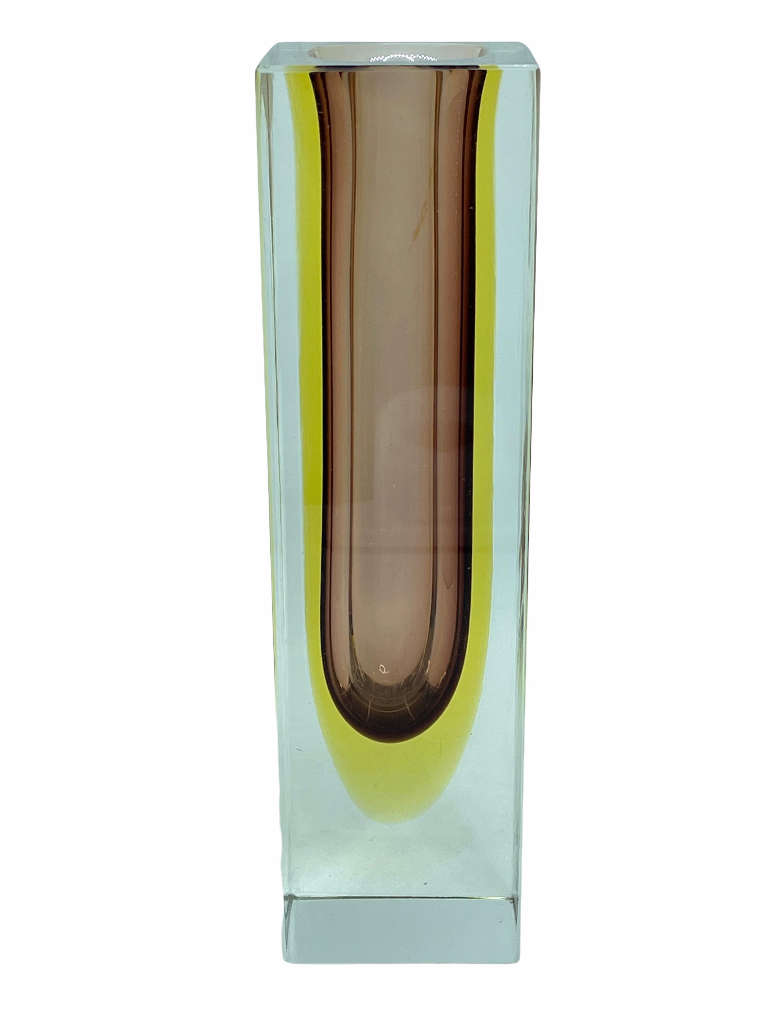 An amazing Venetian Murano glass Mid-Century Modern Mandruzzato vase made in Italy, circa 1960s. This is a glass block vase. Brown, yellow within clear. The top of the vase is flat cut. Vase is in very good condition.
