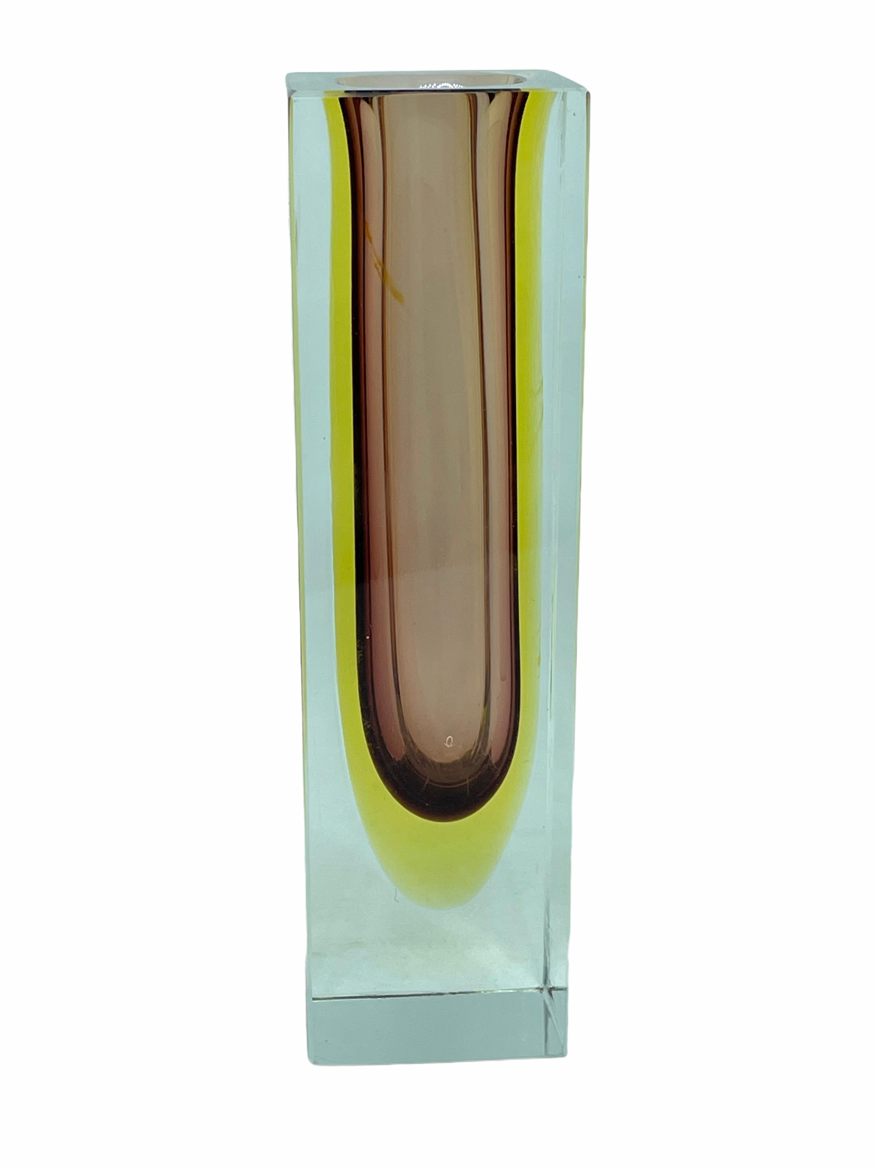 Mid-Century Modern Mandruzzato Brown, Yellow and Clear Murano Glass Sommerso Block Vase