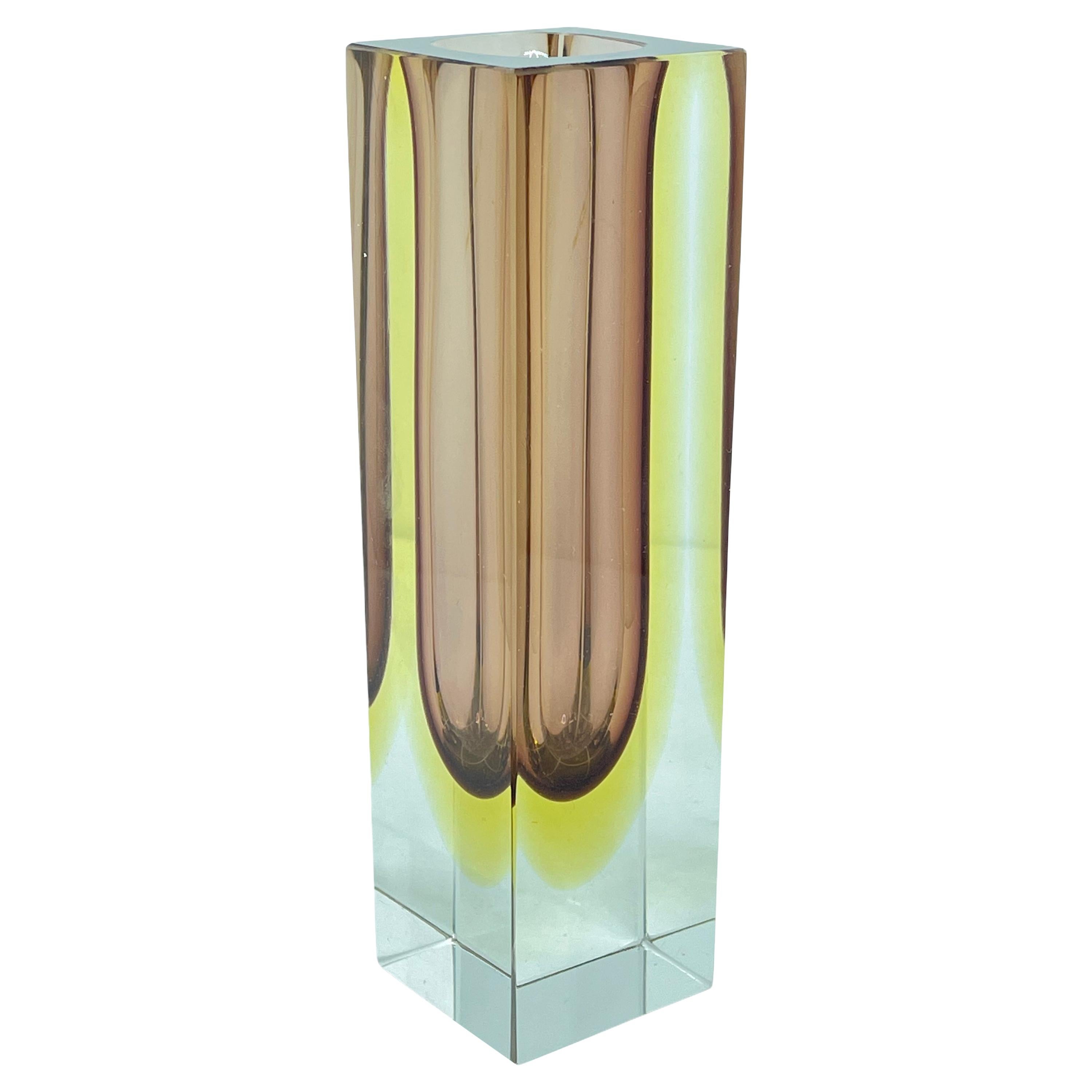 Mandruzzato Brown, Yellow and Clear Murano Glass Sommerso Block Vase For  Sale at 1stDibs