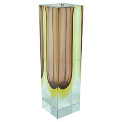 Mandruzzato Brown, Yellow and Clear Murano Glass Sommerso Block Vase