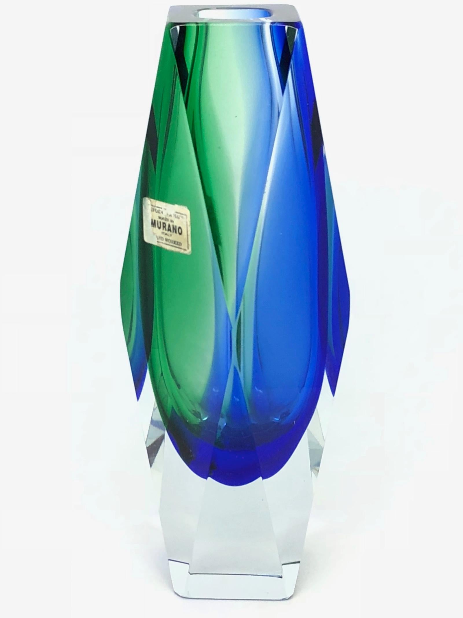 Mandruzzato Grün Blau Facettiertes Muranoglas Sommerso Vase (Italienisch)