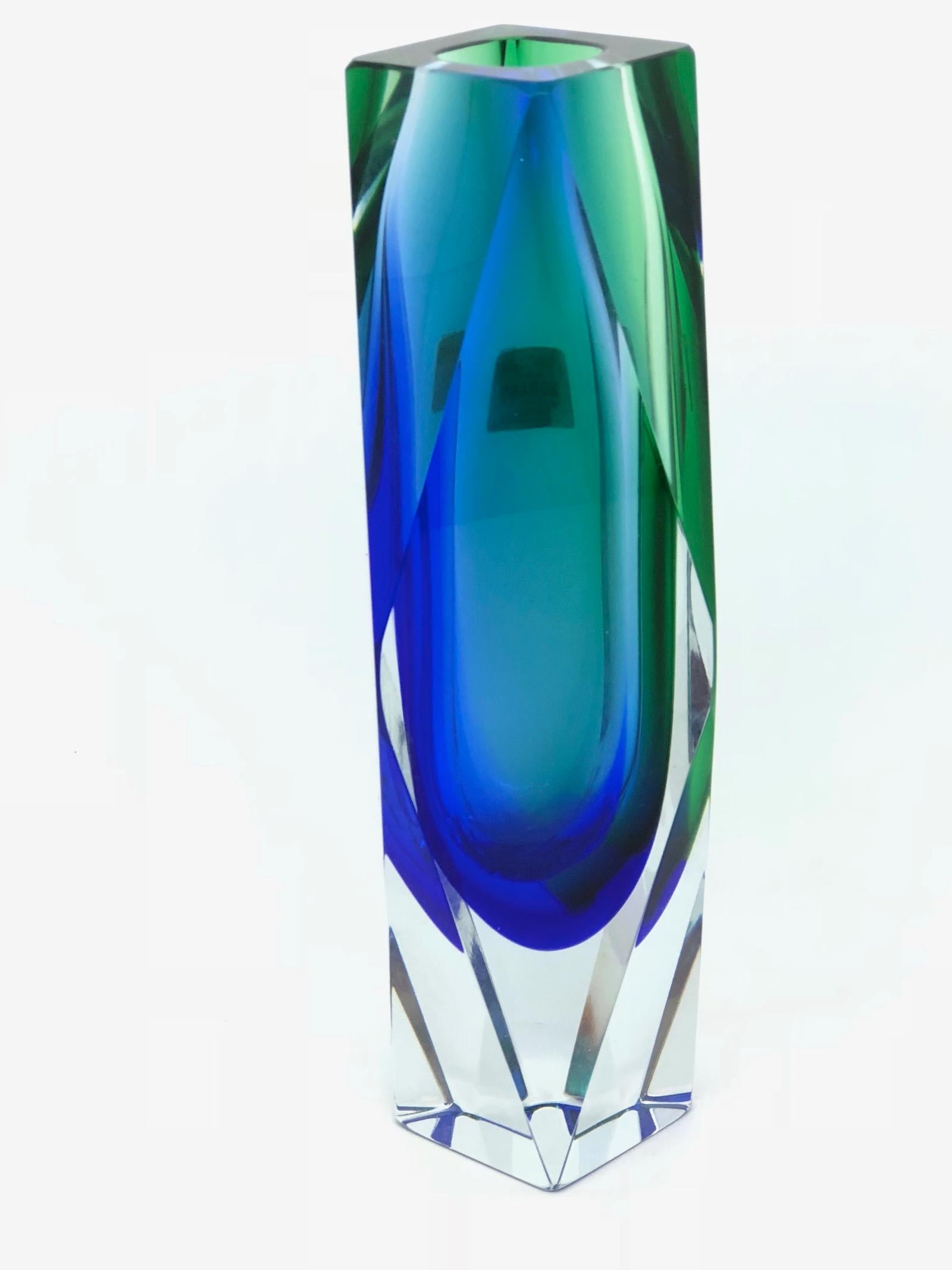 Mandruzzato Grün Blau Facettiertes Muranoglas Sommerso Vase (Mitte des 20. Jahrhunderts)