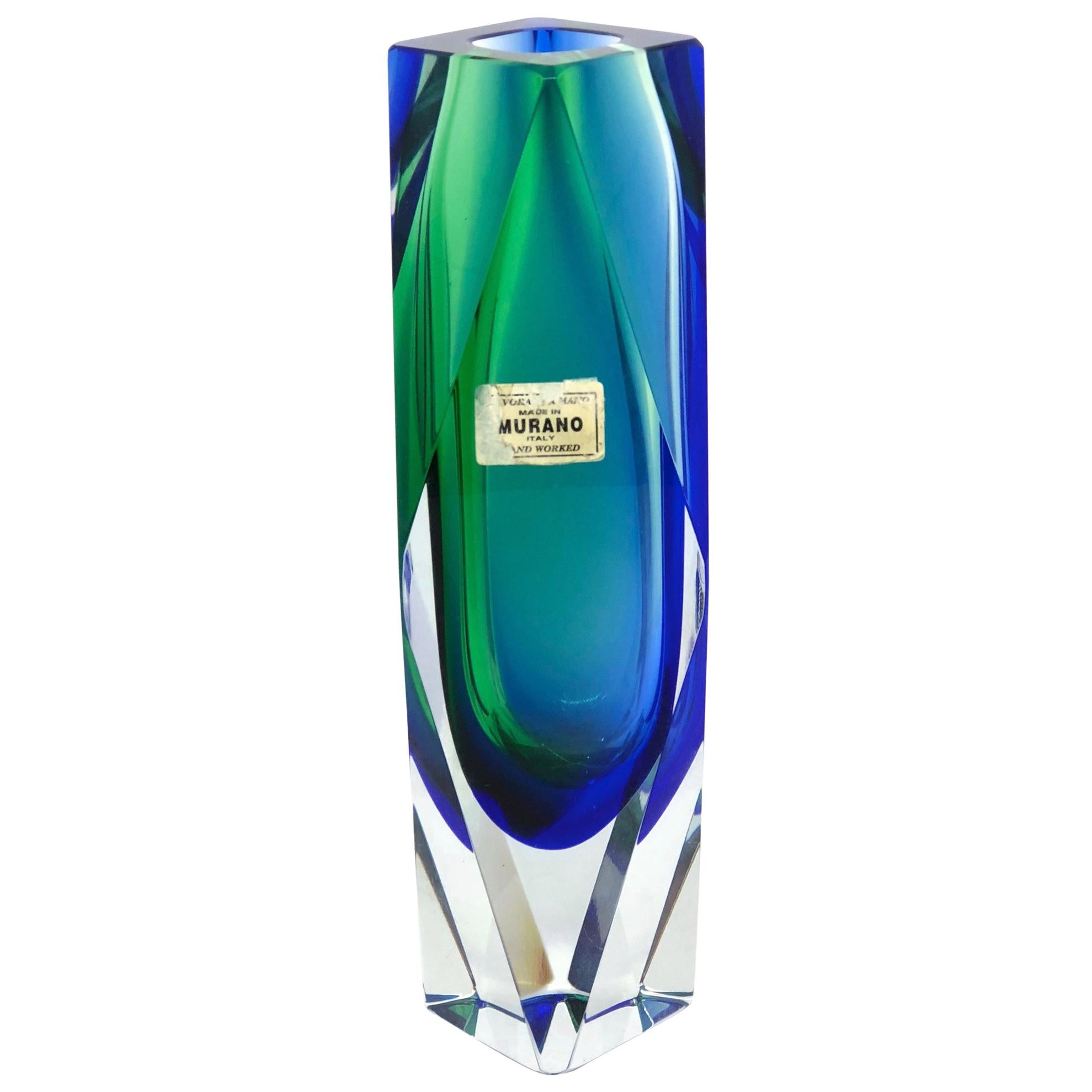 Mandruzzato Grün Blau Facettiertes Muranoglas Sommerso Vase