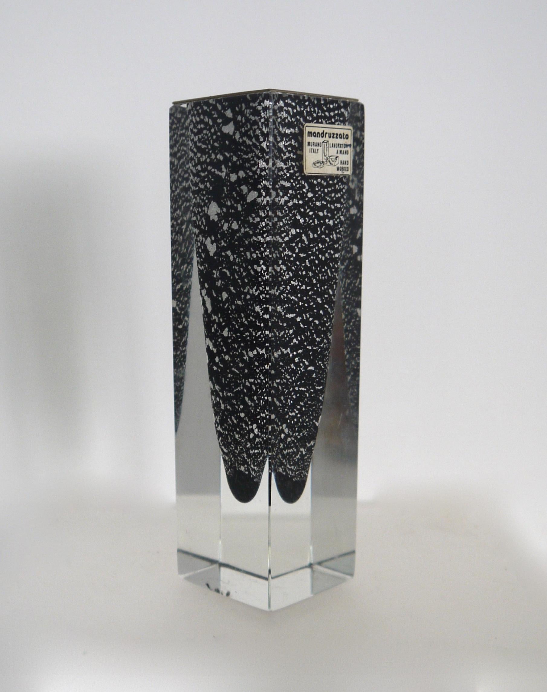 Italian Mandruzzato Murano Black Pillar Vase with Gold Inclusions and Metal Top, 1960 For Sale