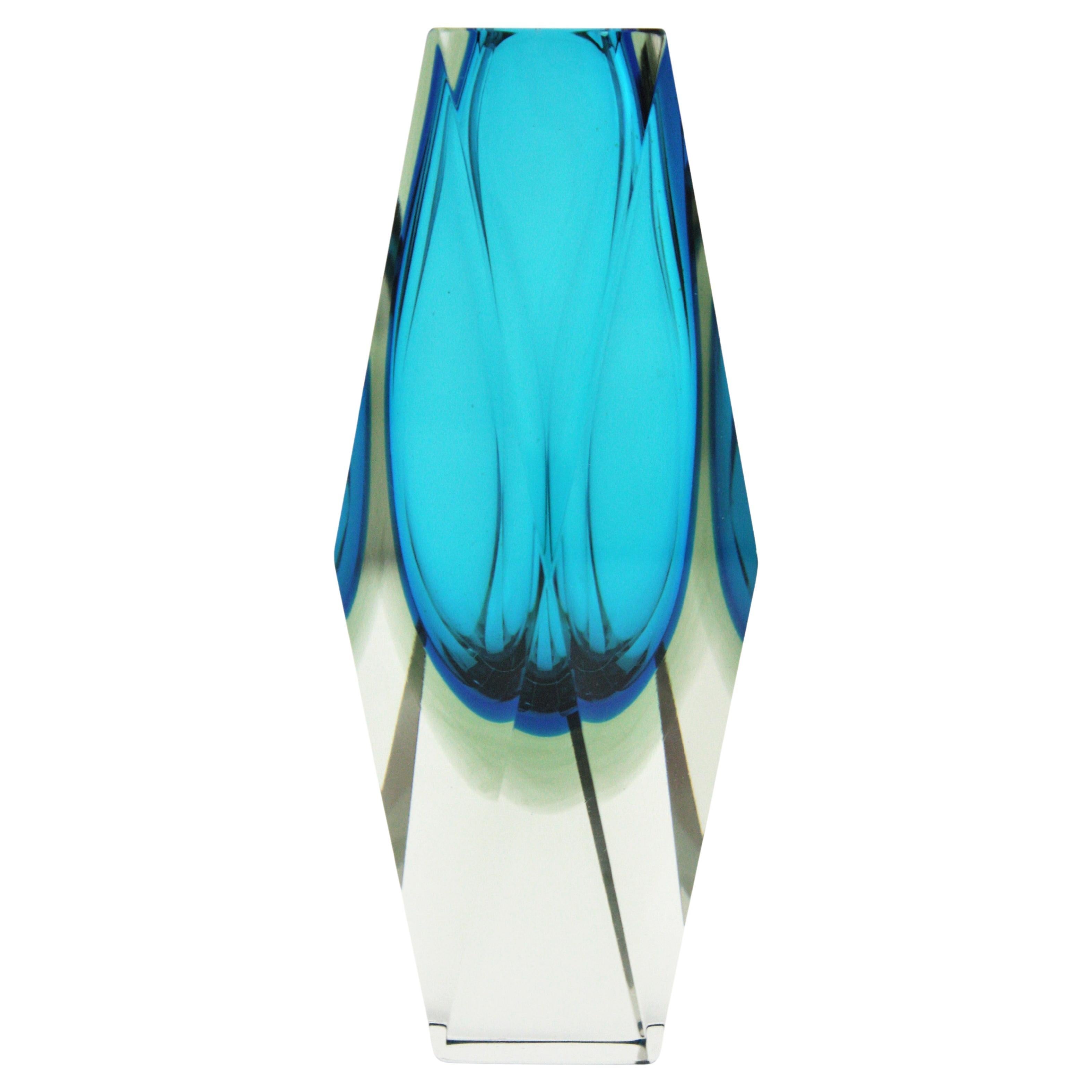 Mandruzzato Murano Blue Sommerso Faceted Art Glass Vase
