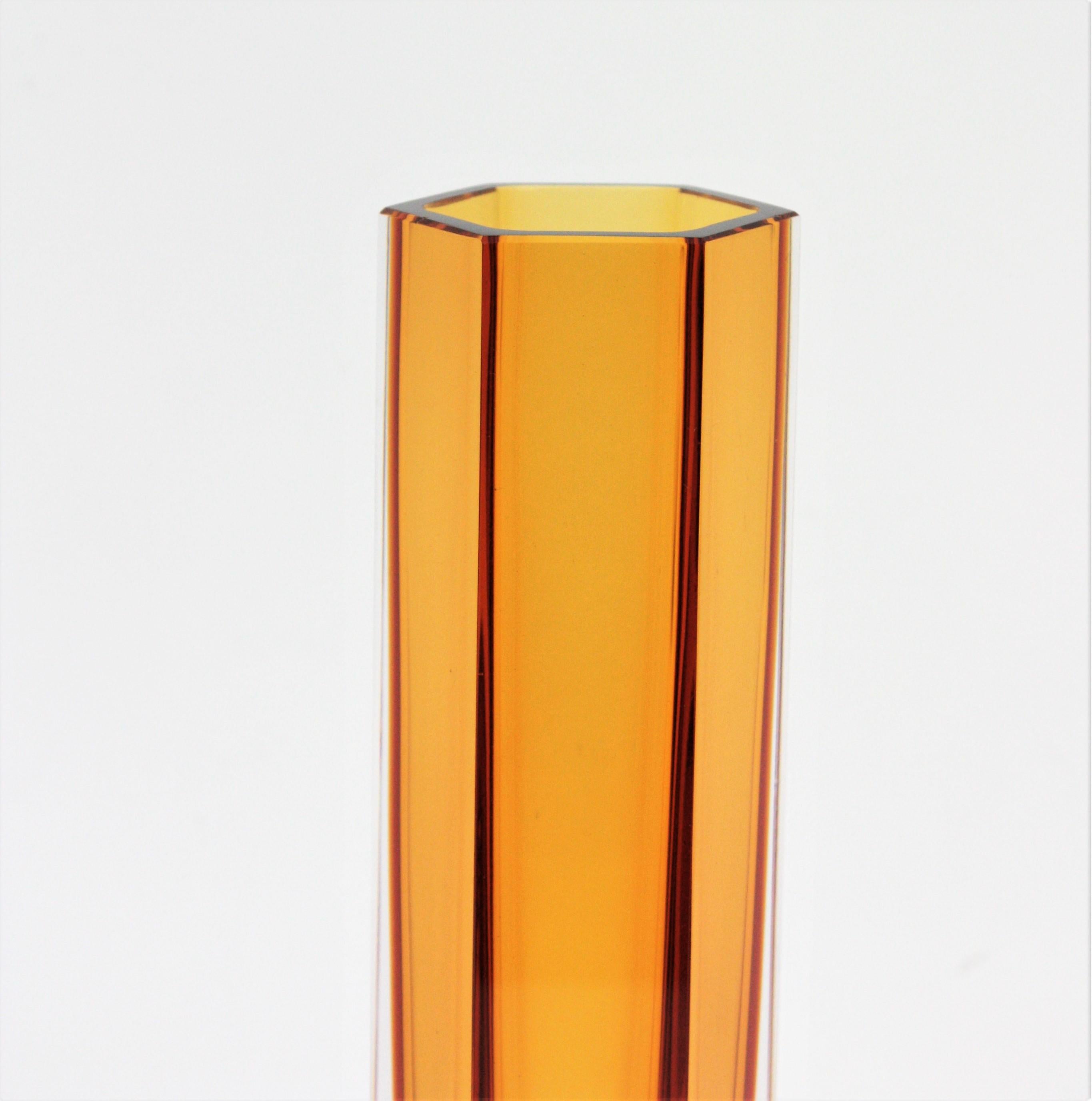 Italian Mandruzzato Murano Faceted Sommerso Amber Orange and Clear Glass Hexagon Vase