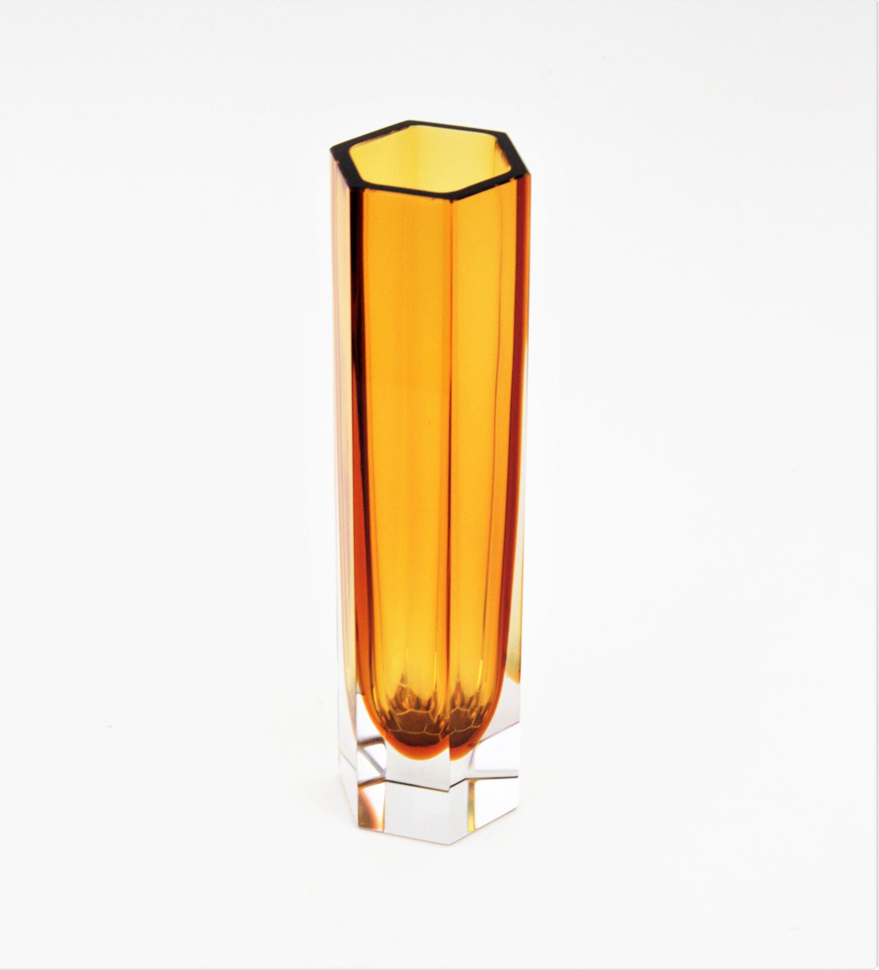 20th Century Mandruzzato Murano Faceted Sommerso Amber Orange and Clear Glass Hexagon Vase