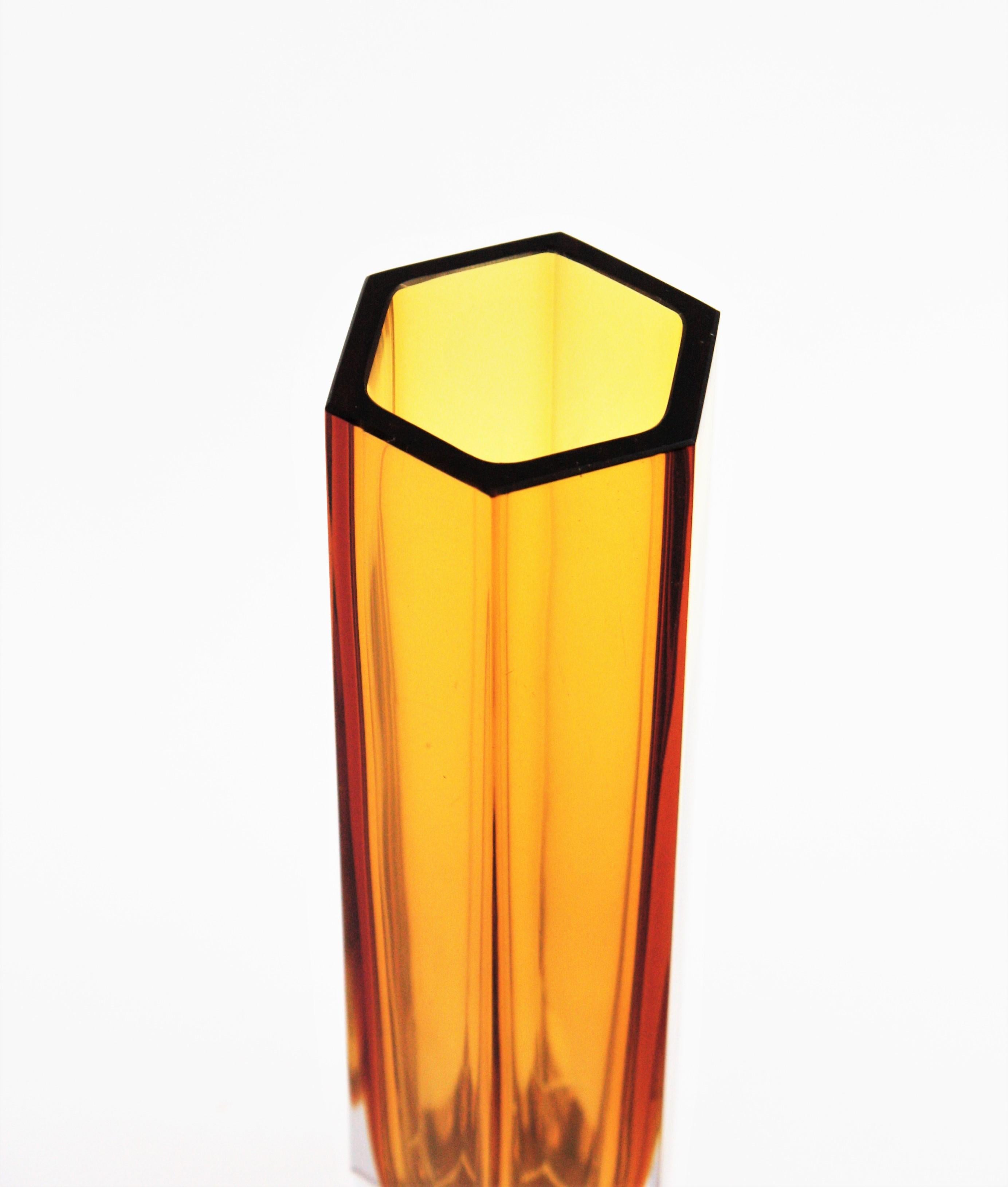 Mandruzzato Murano Faceted Sommerso Amber Orange and Clear Glass Hexagon Vase 1