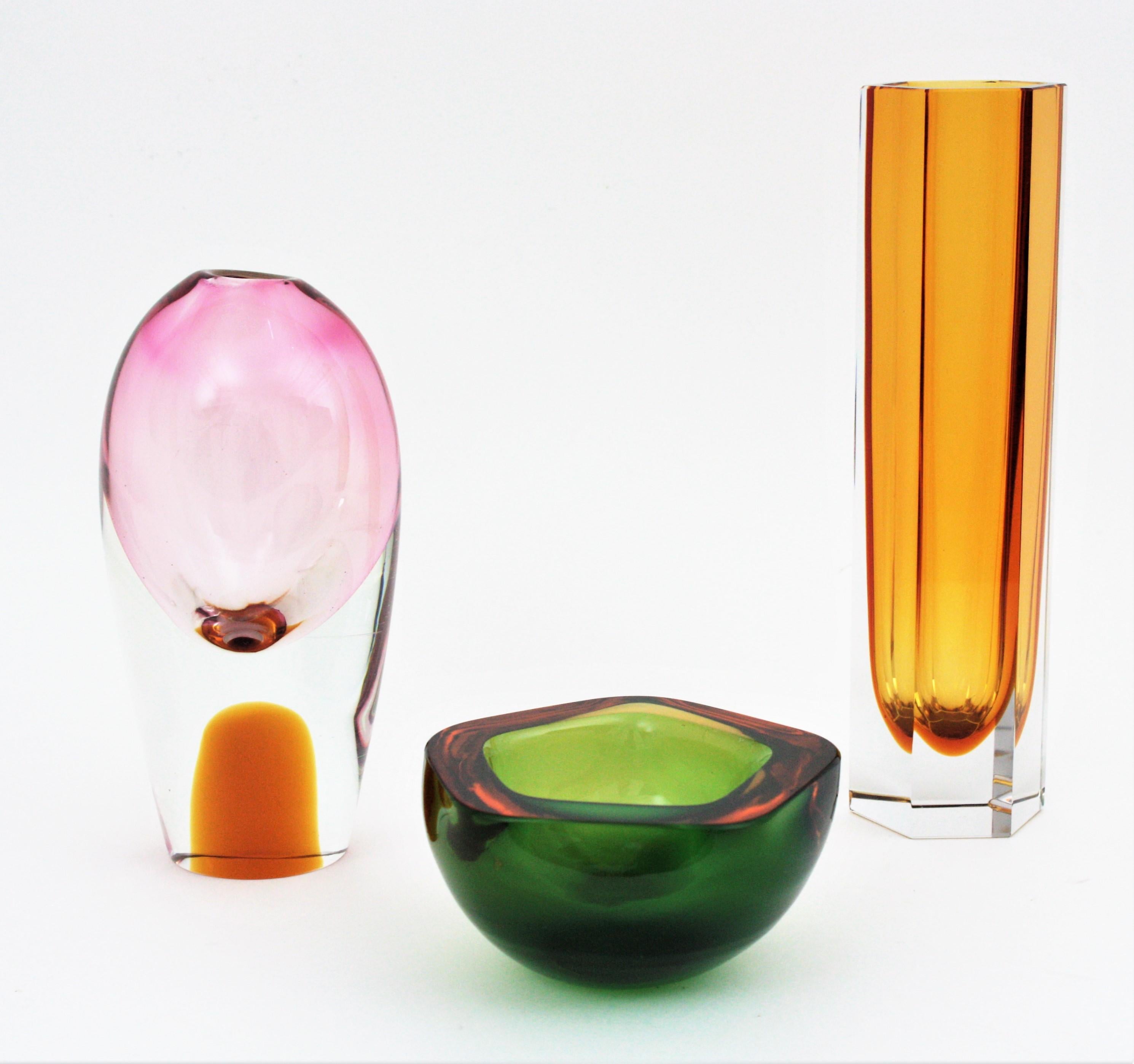 Mandruzzato Murano Faceted Sommerso Amber Orange and Clear Glass Hexagon Vase 3