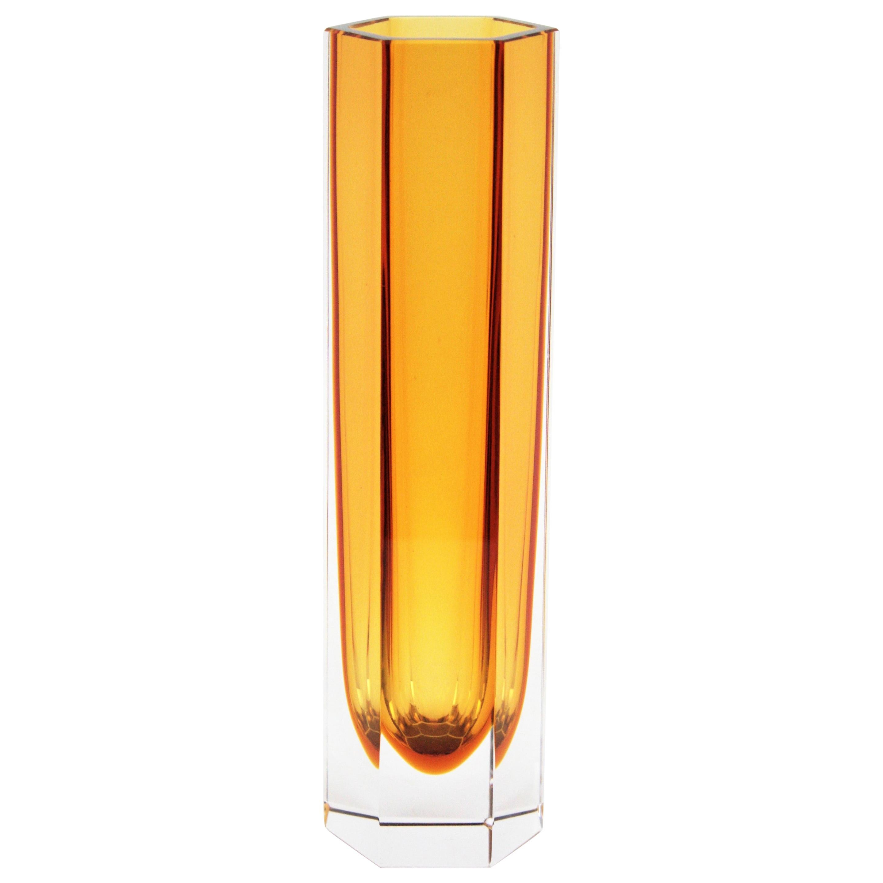 Mandruzzato Murano Faceted Sommerso Amber Orange and Clear Glass Hexagon Vase