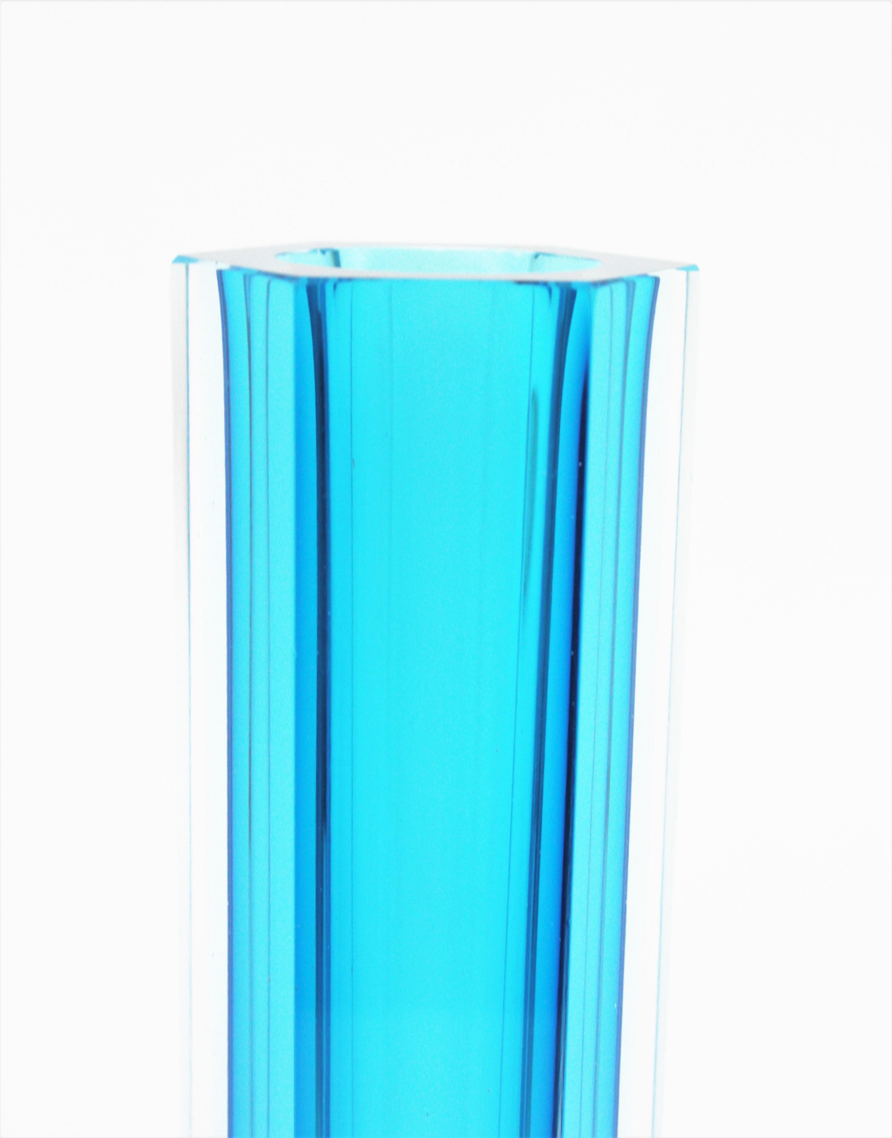 Mandruzzato Murano Faceted Sommerso Blue Clear Hexagon Art Glass Vase For Sale 1