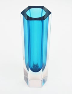 Mandruzzato Murano Faceted Sommerso Blue Clear Hexagon Art Glass Vase, c.1960
