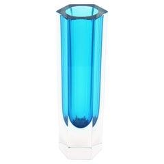Mandruzzato Murano Faceted Sommerso Blue and Clear Glass Hexagon Vase