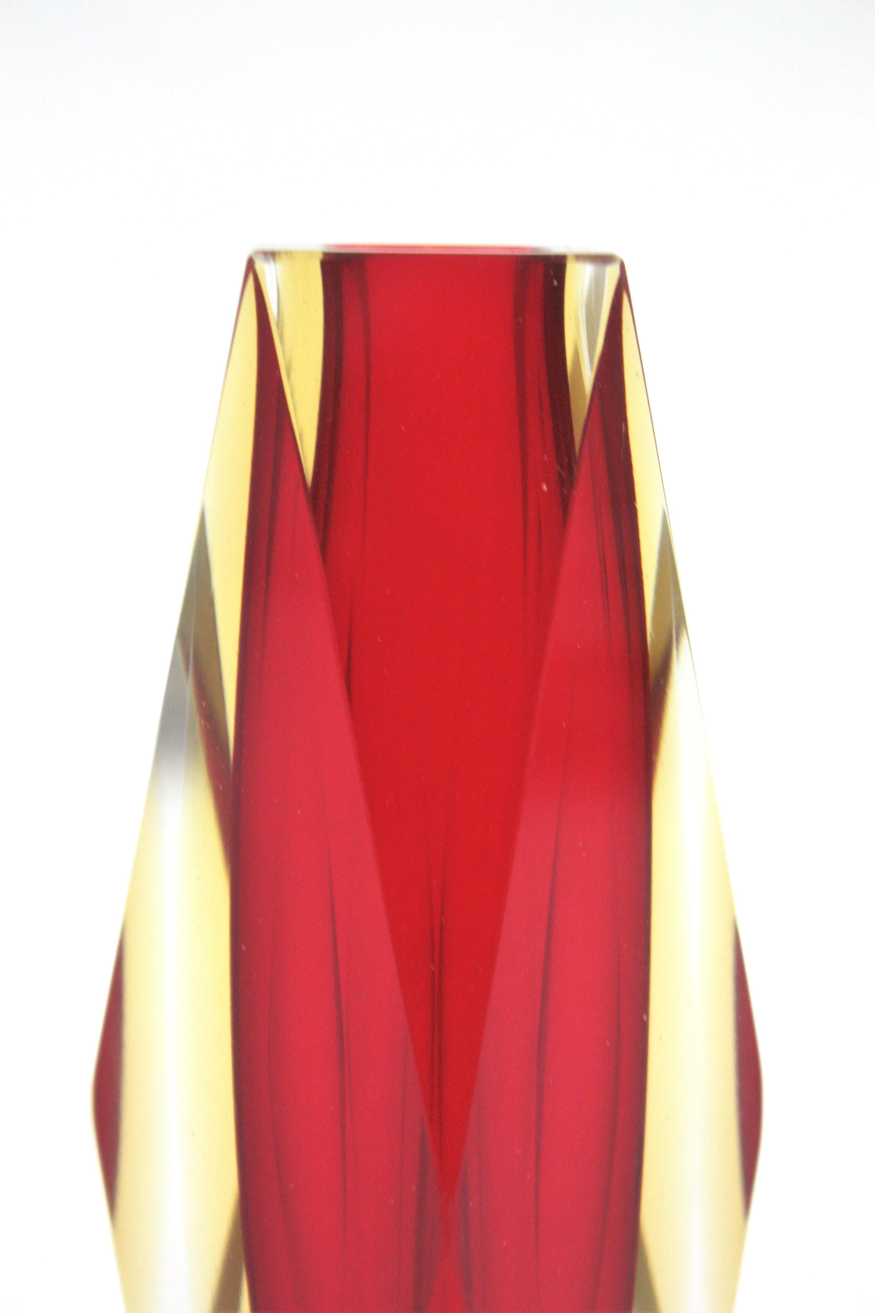 Italian Mandruzzato Murano Faceted Sommerso Red and Yellow Art Glass Vase For Sale