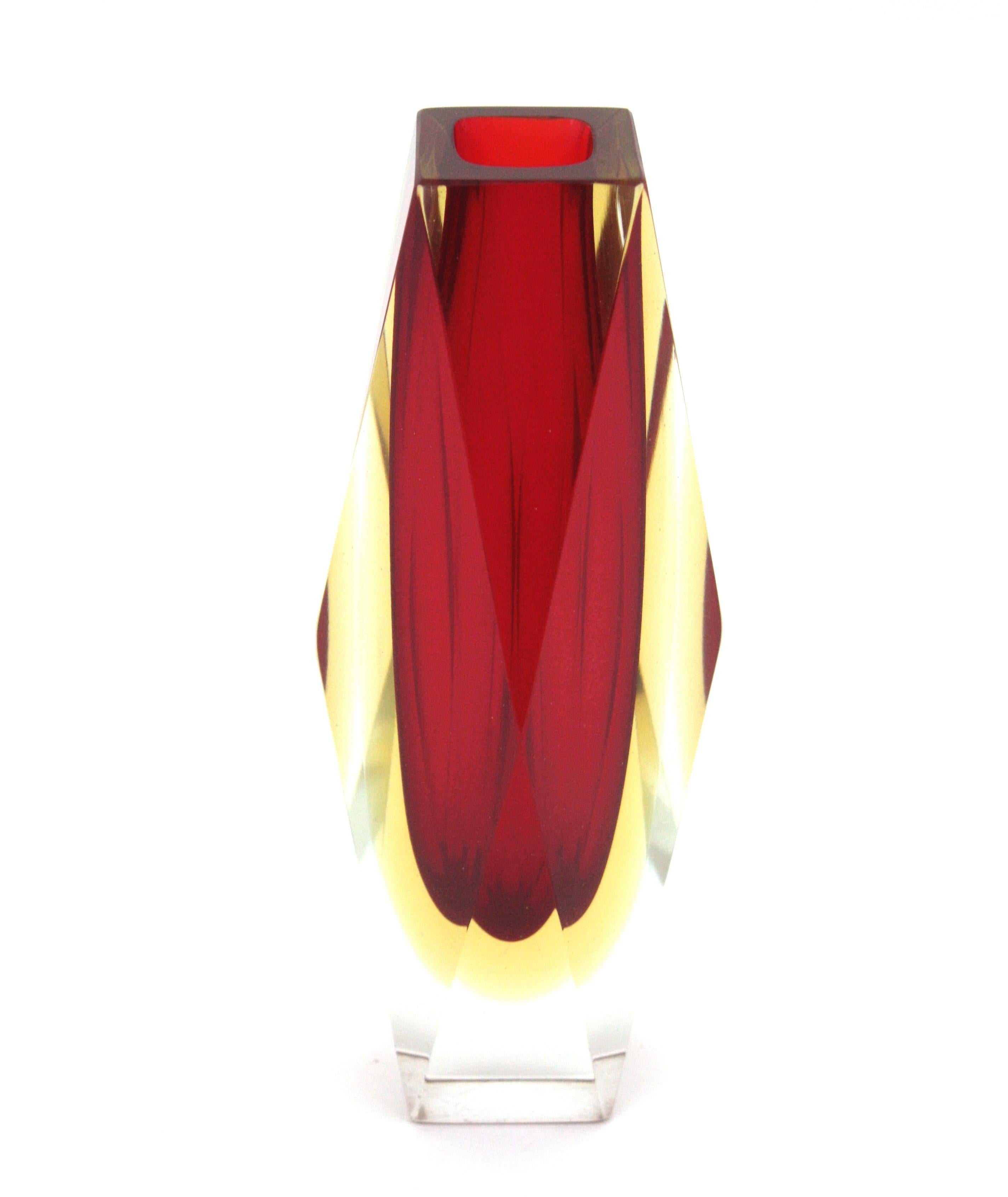 20th Century Mandruzzato Murano Faceted Sommerso Red and Yellow Art Glass Vase For Sale
