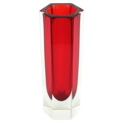 Mandruzzato Murano Faceted Sommerso Red Blue Clear Hexagon Art Glass Vase