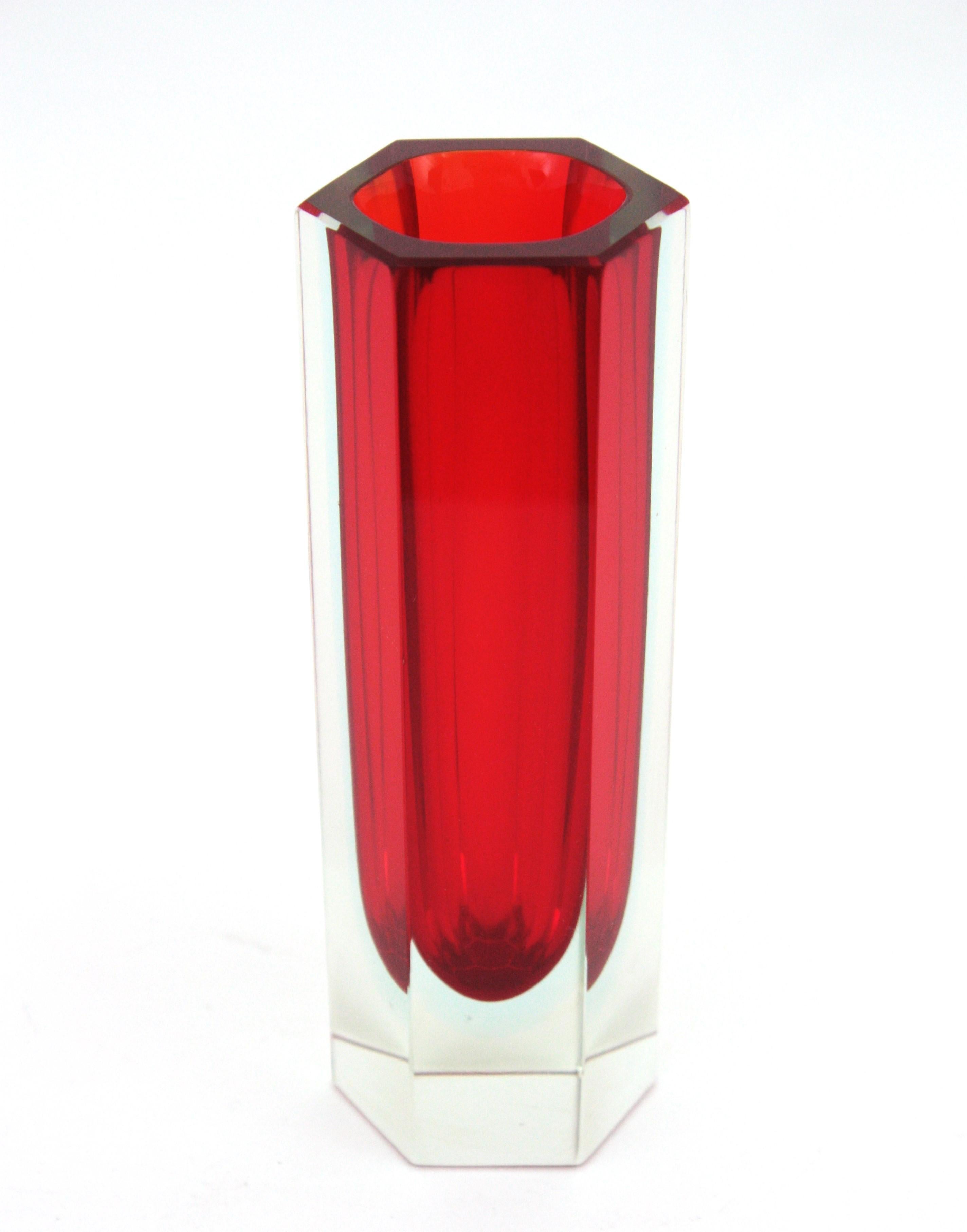 Mid-Century Modern Mandruzzato Murano Faceted Sommerso Red Blue Clear Hexagon Art Glass Vase For Sale