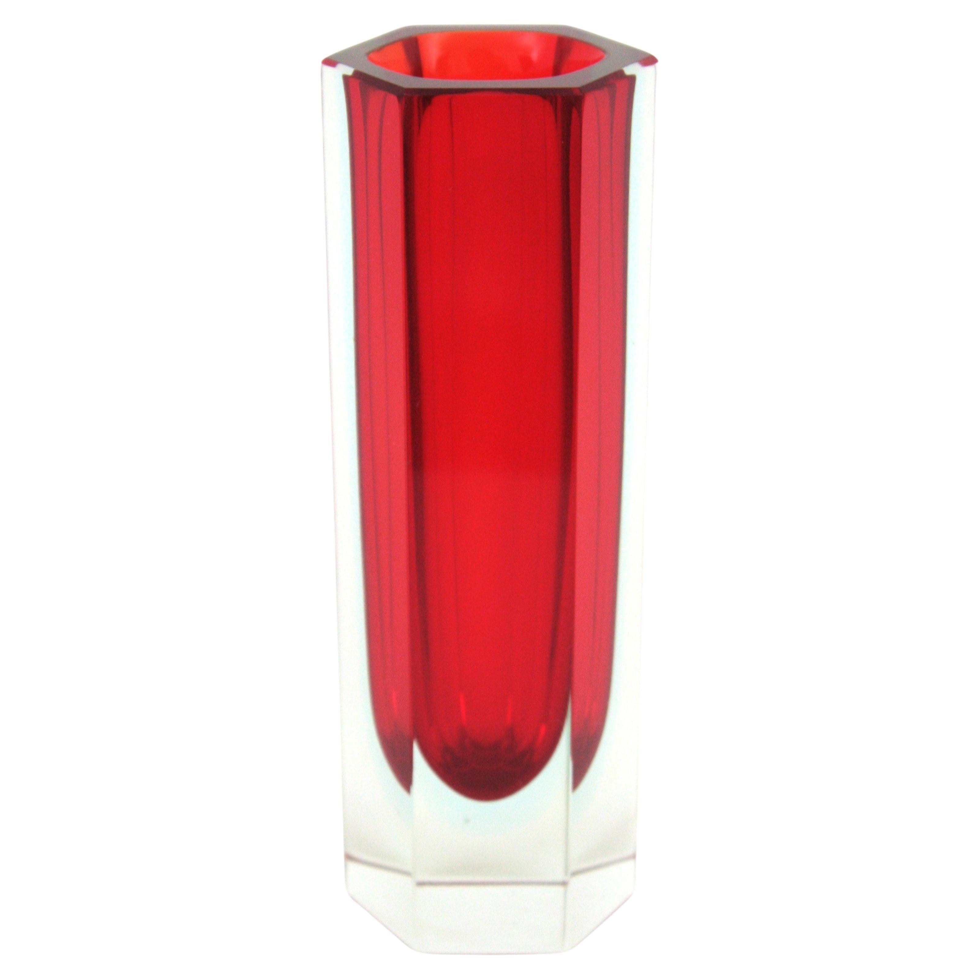 Mandruzzato Murano Faceted Sommerso Red Blue Clear Hexagon Art Glass Vase