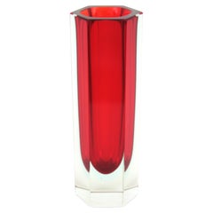 Mandruzzato Murano Faceted Sommerso Red Blue Clear Hexagon Art Glass Vase
