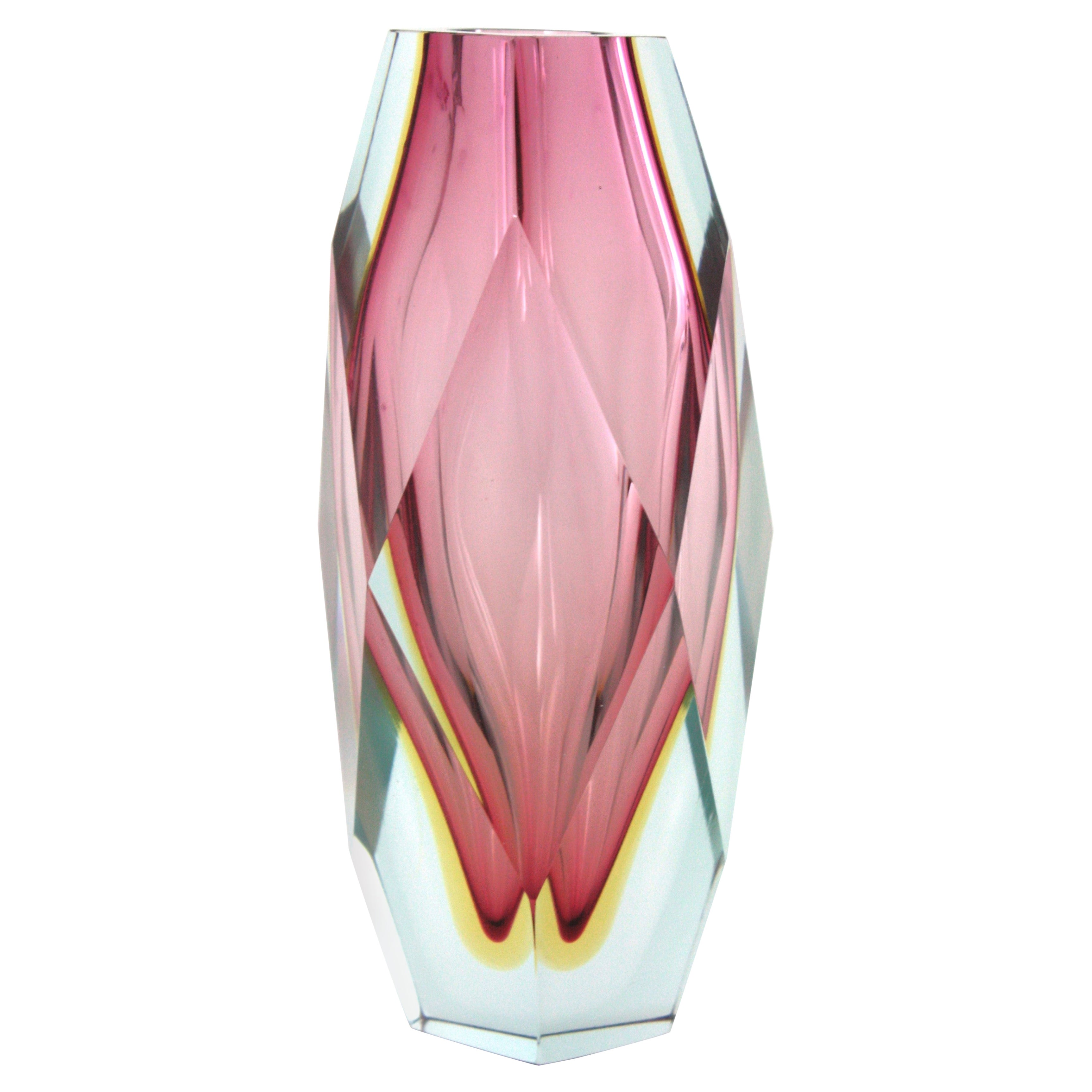 Mandruzzato Murano Rosa-Gelb Sommerso Facettierte Kunstglasvase, Italien 1960