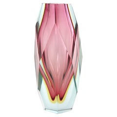 Mandruzzato Murano Pink Yellow Sommerso Faceted Art Glass Vase, Italy 1960