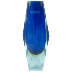 Mandruzzato Murano Sommerso Blue and Yellow Faceted Glass Vase